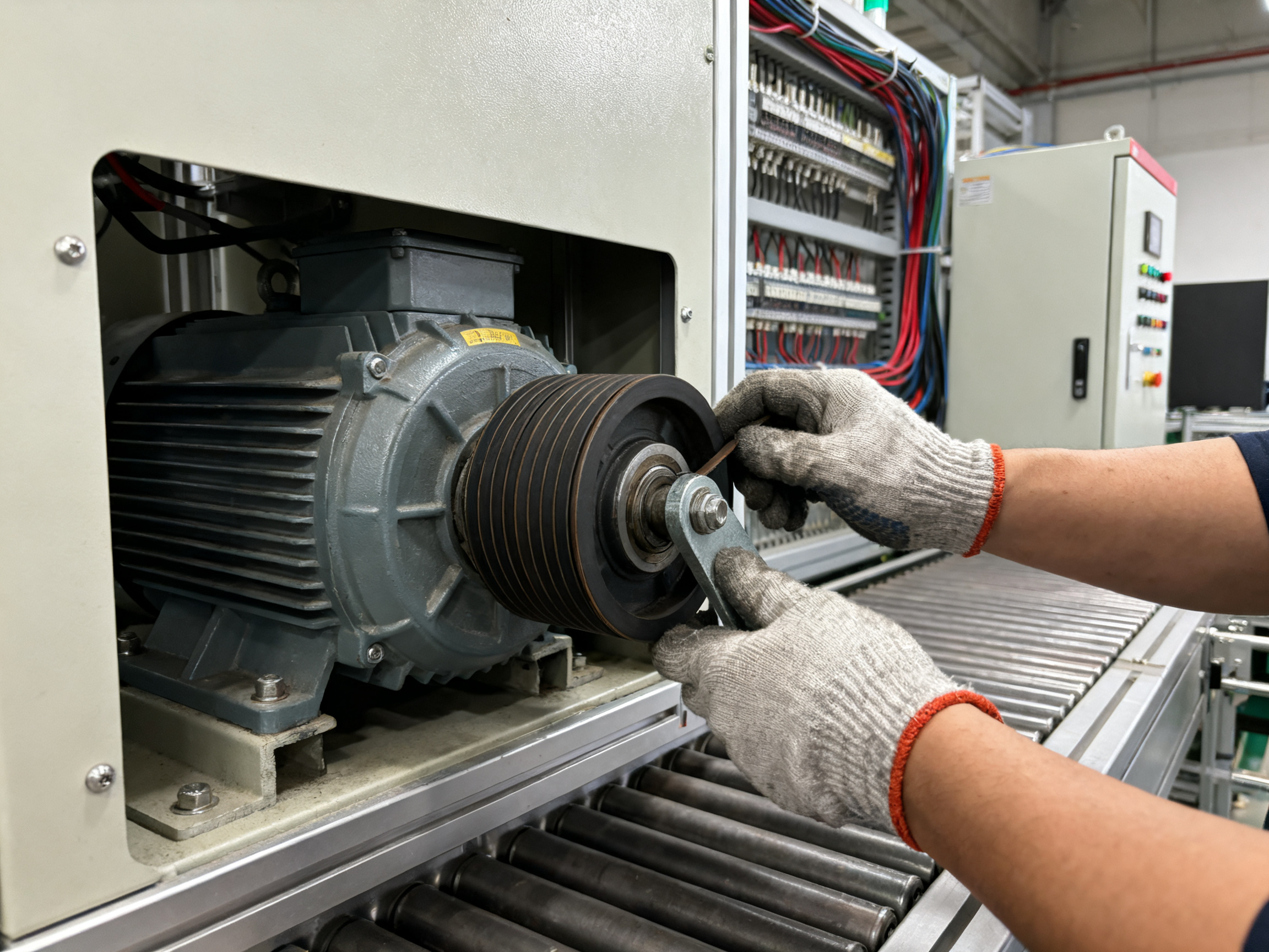 Close up of hands checking belt tension on a conveyor motor drive pulley in an electronics manufacturing environment.