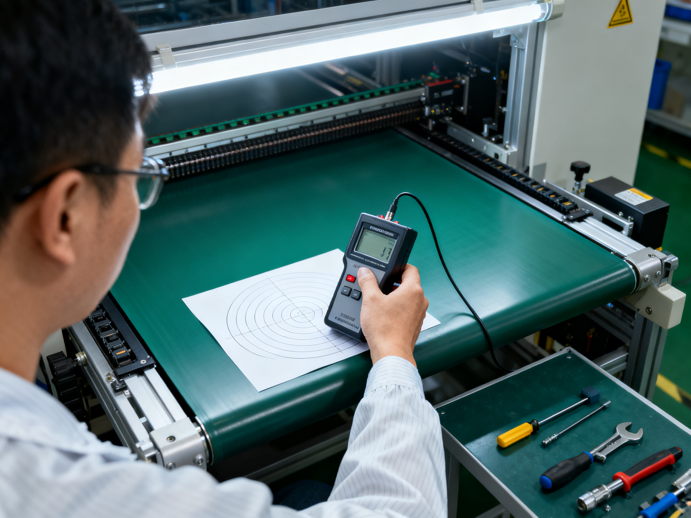 Engineer using a surface resistance meter to test an ESD safe conveyor belt on an electronics production line.