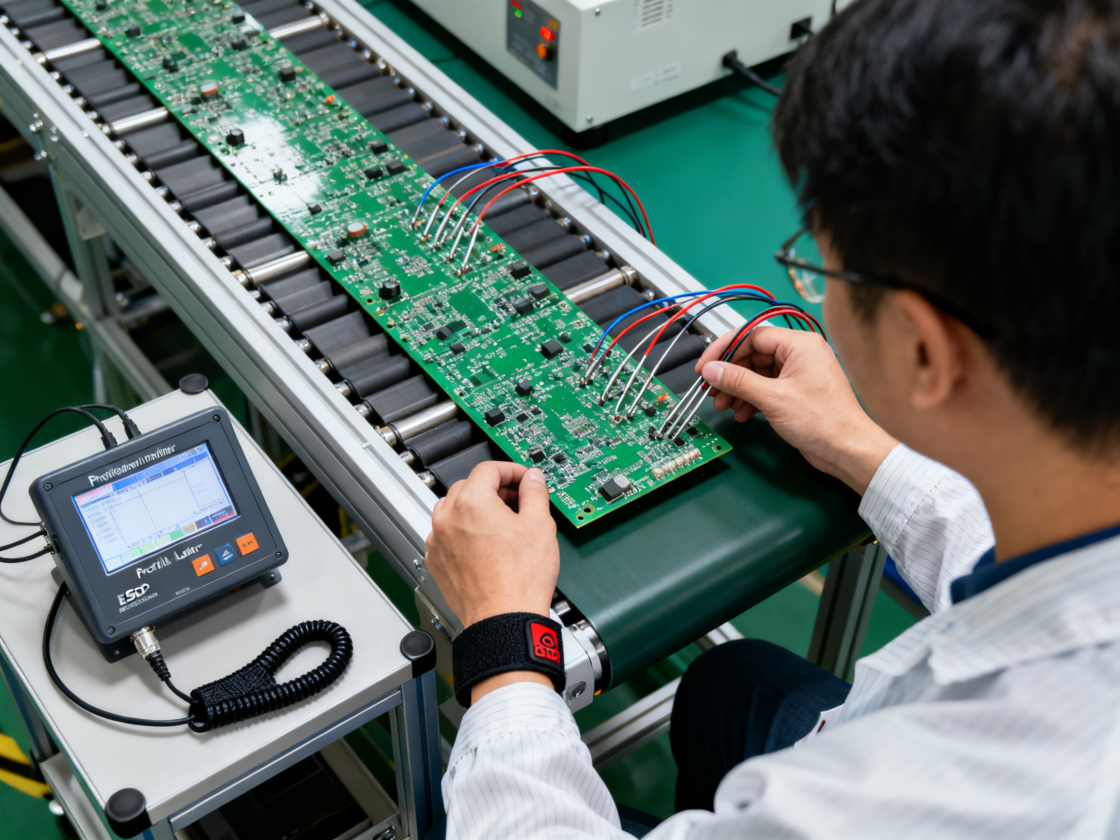 SMT Conveyor Belts Explained: Types, Applications, and Future Trends3 - S&M Co.Ltd Close documentary shot of an engineer validating a reflow process by examining the board.