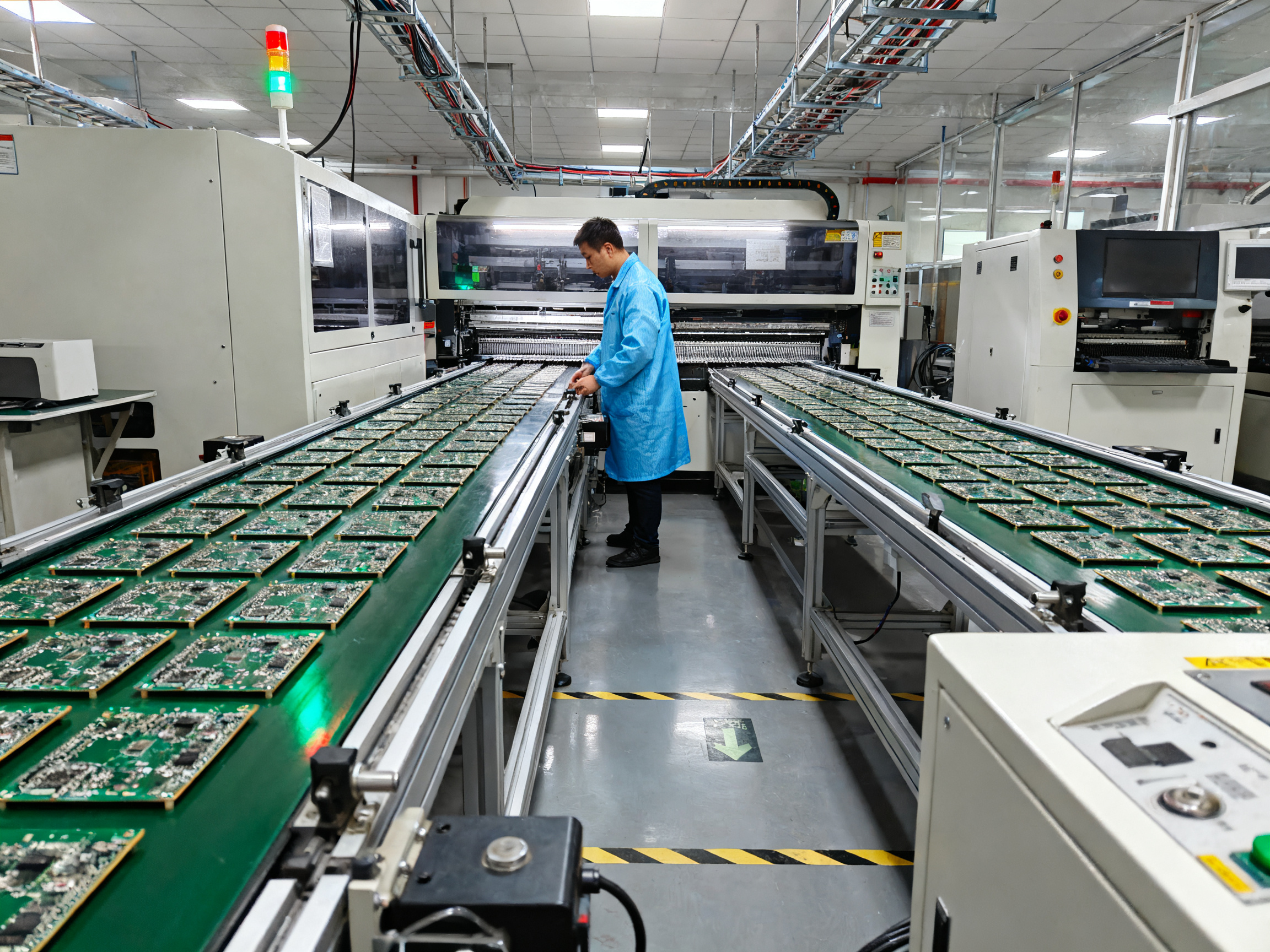 SMT Conveyor Belts Explained: Types, Applications, and Future Trends1 - S&M Co.Ltd Low angle documentary shot of an smt production floor showing dual track conveyors.