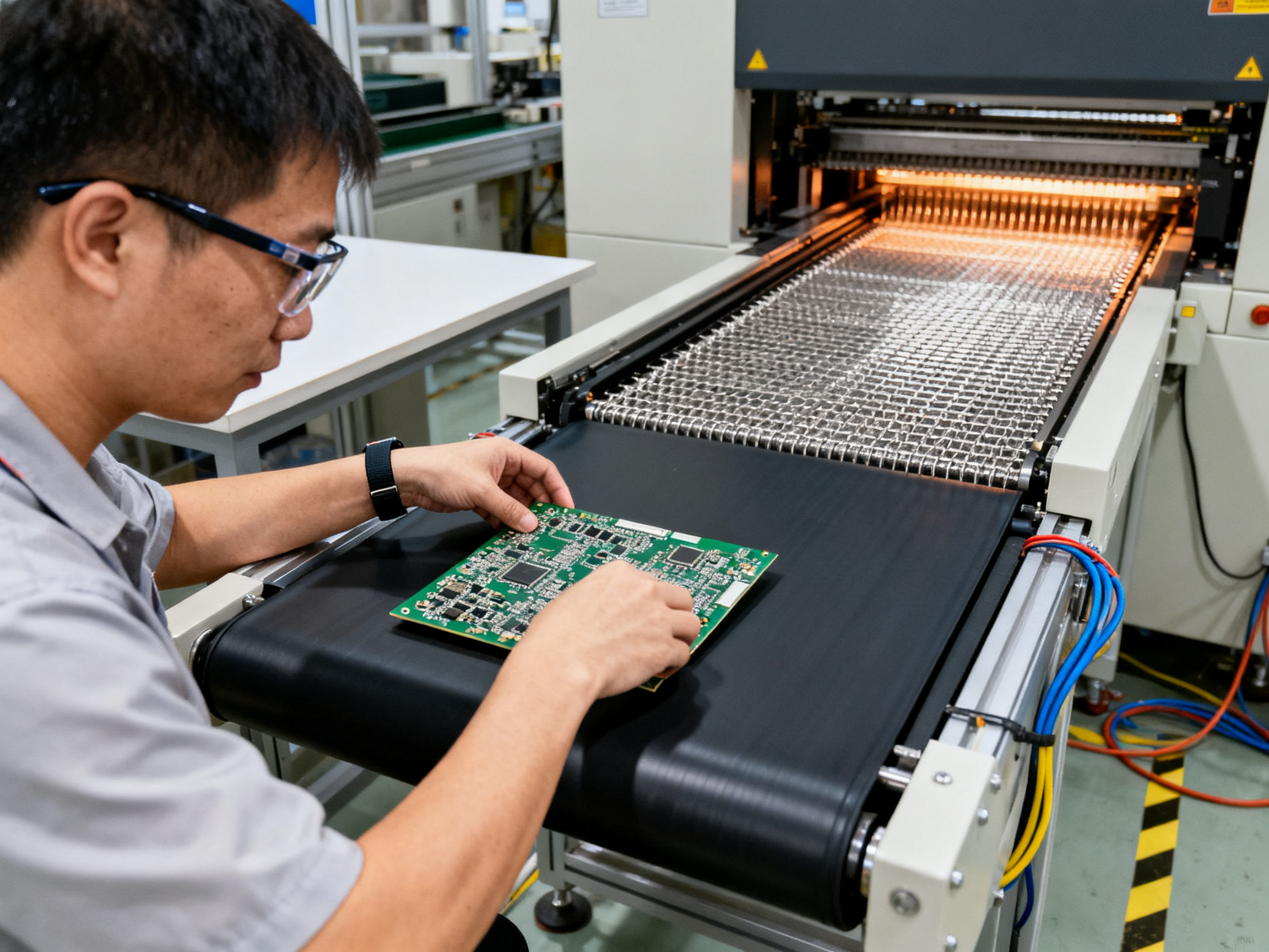 SMT operator loading a populated PCB onto an ESD-safe conveyor belt at a loading station.