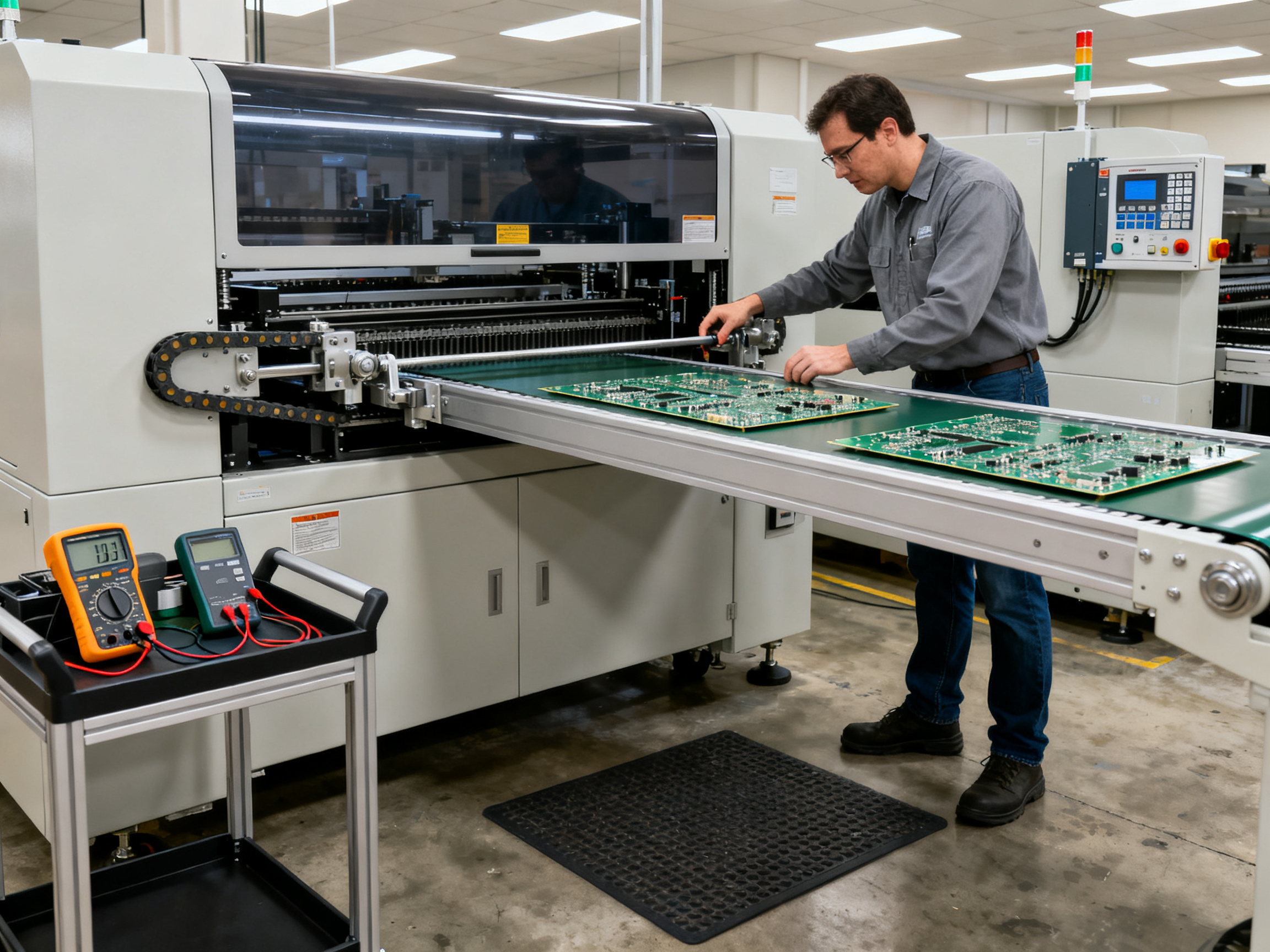 Quality engineer validating conveyor belt tracking on an SMT line section.