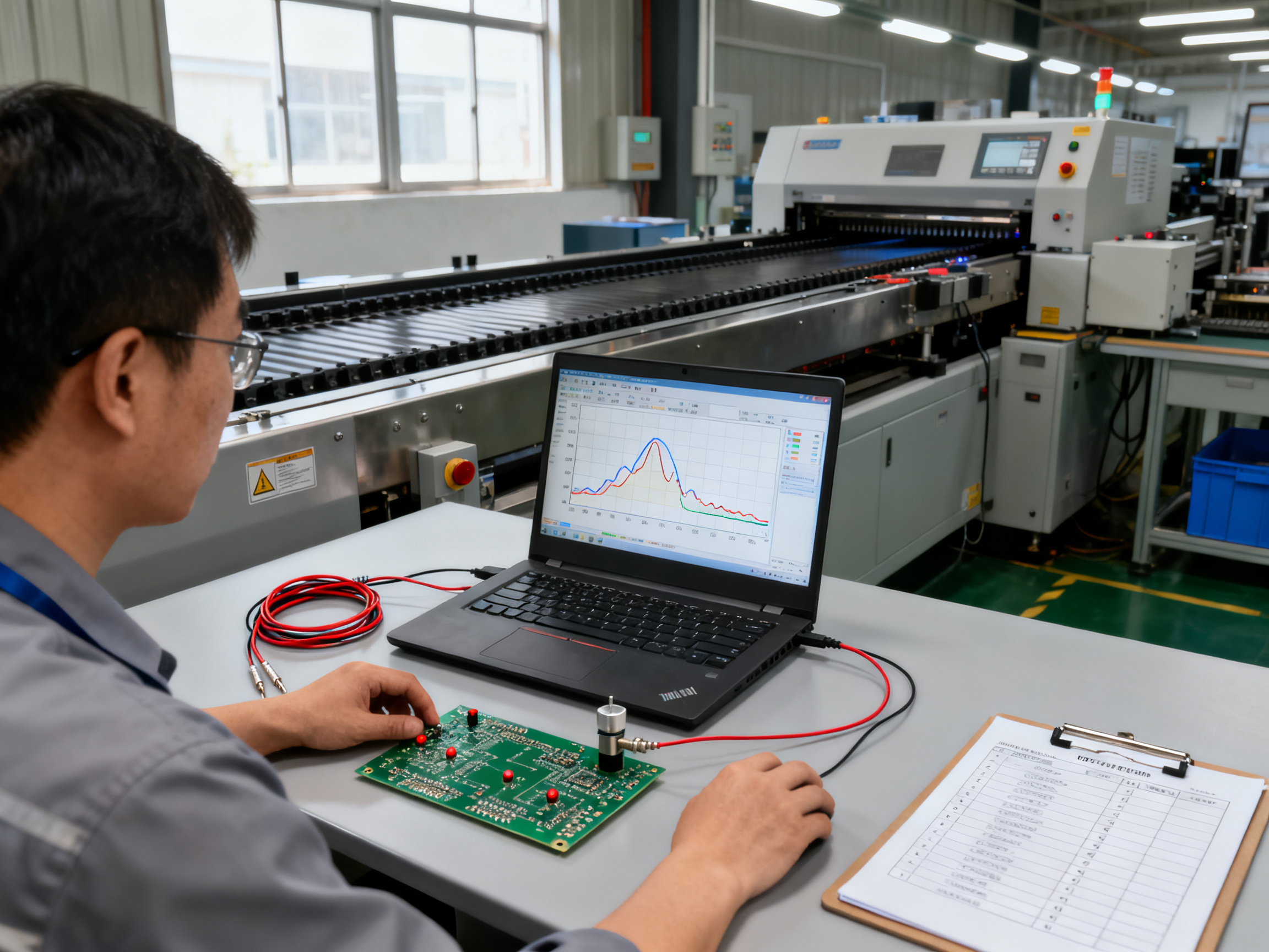 Engineering workstation adjacent to wave solder line process engineer reviewing process data.