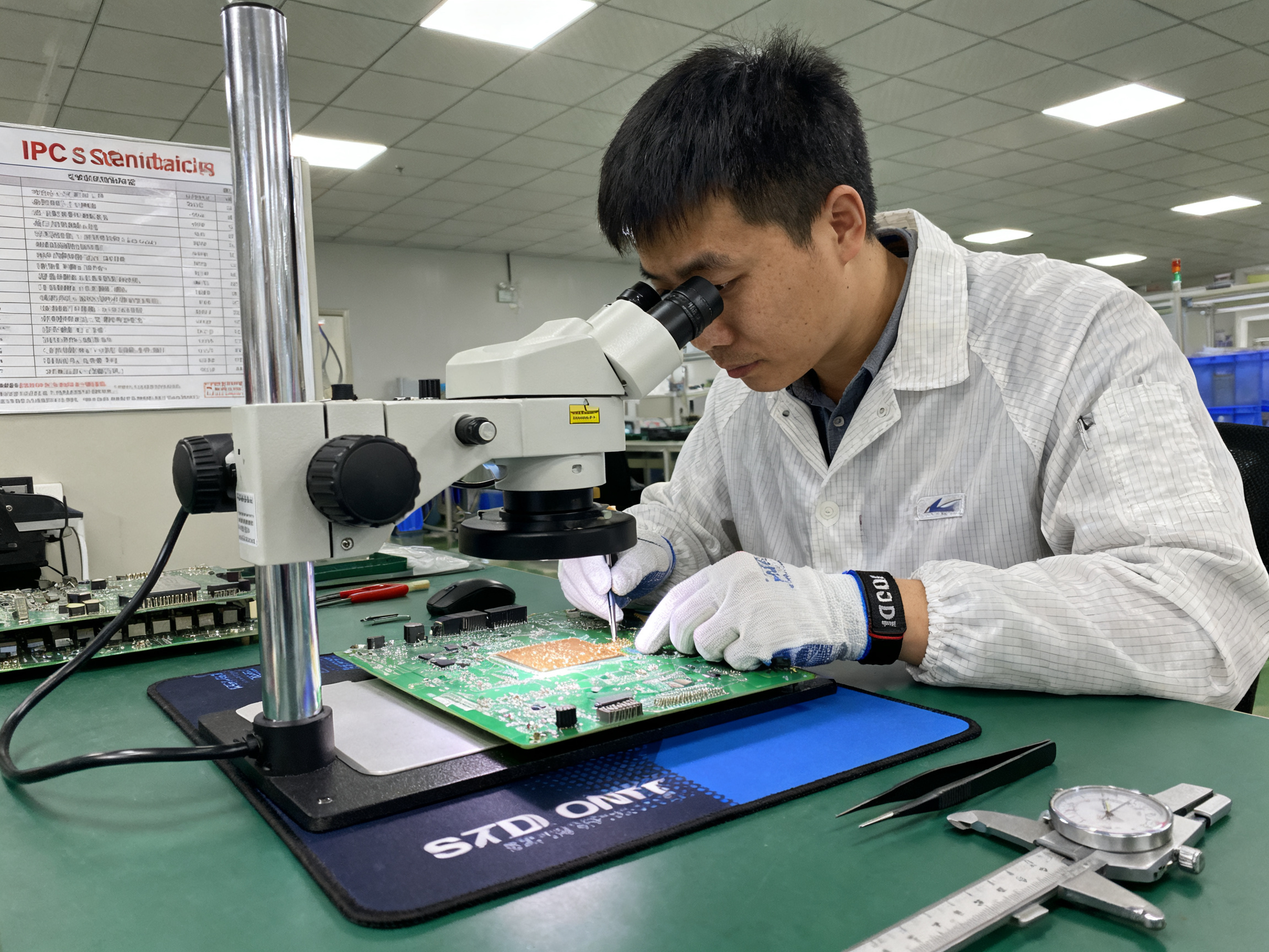 The Ultimate Guide to Solder Paste Mixing Tools and Electronics Assembly Gear in 20263 - S&M Co.Ltd Factory floor view of inspection workstation with stereo microscope and PCB under examination.