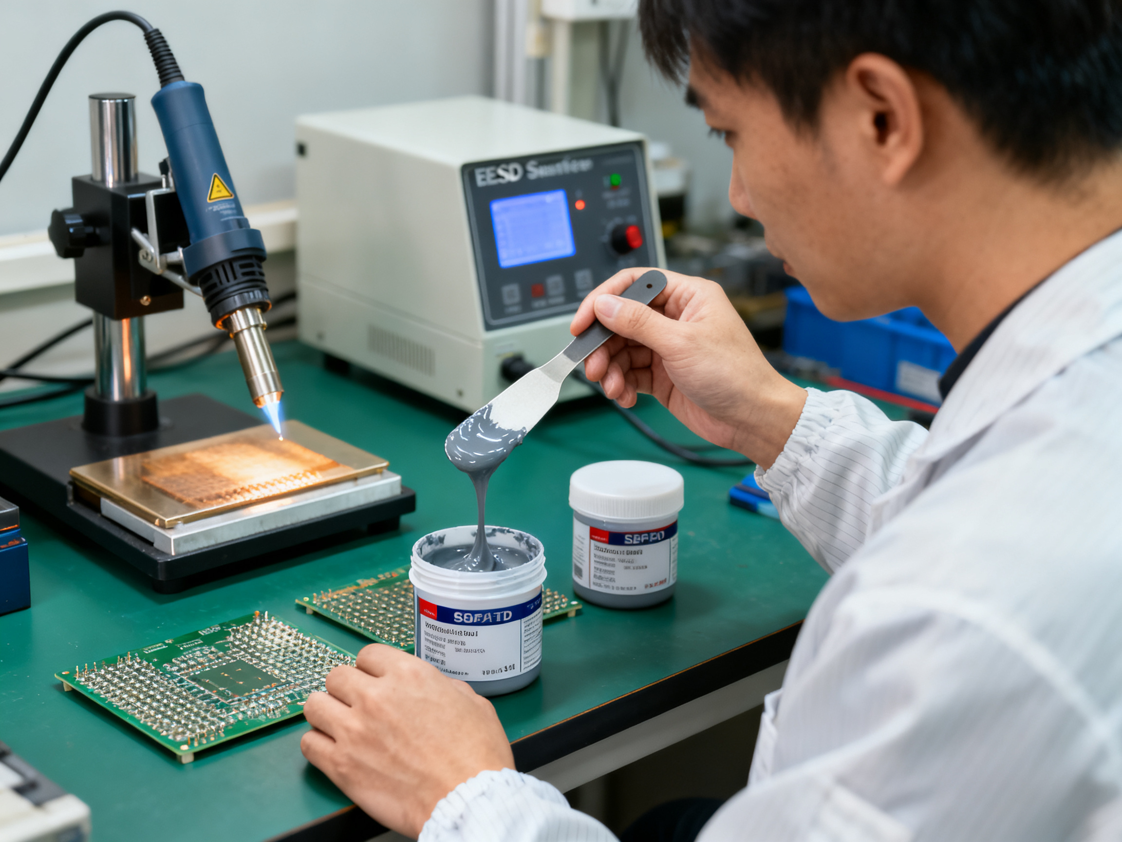 The Ultimate Guide to Solder Paste Mixing Tools and Electronics Assembly Gear in 20262 - S&M Co.Ltd Practical factory scene showing technician at ESD safe workstation performing soldering work.