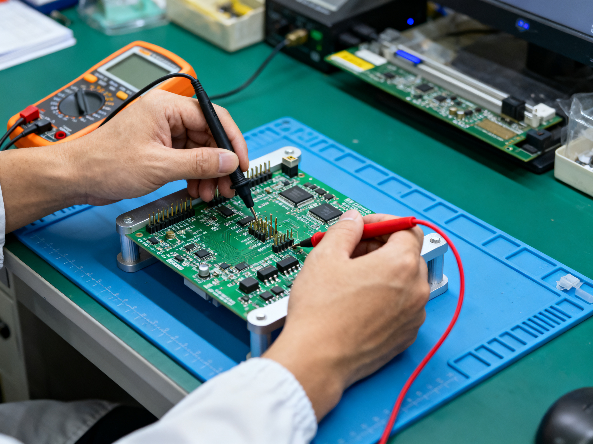 How to Test Solder Joints for Reliable Performance in SMT Manufacturing2 - S&M Co.Ltd SMT assembly workstation with engineer using digital multimeter probes to test electrical connectivity.