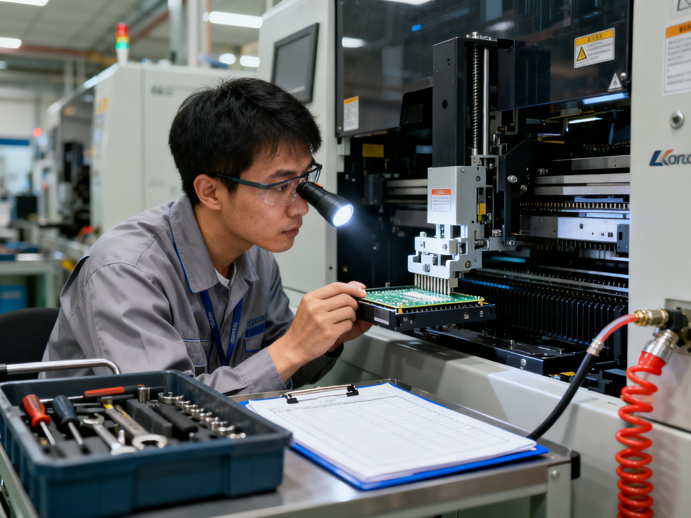 Complete Guide to PCB Loader Troubleshooting: Tips, Common Issues, and Future Trends3 - S&M Co.Ltd Practical industrial maintenance scene in an smt factory showing a technician pe.