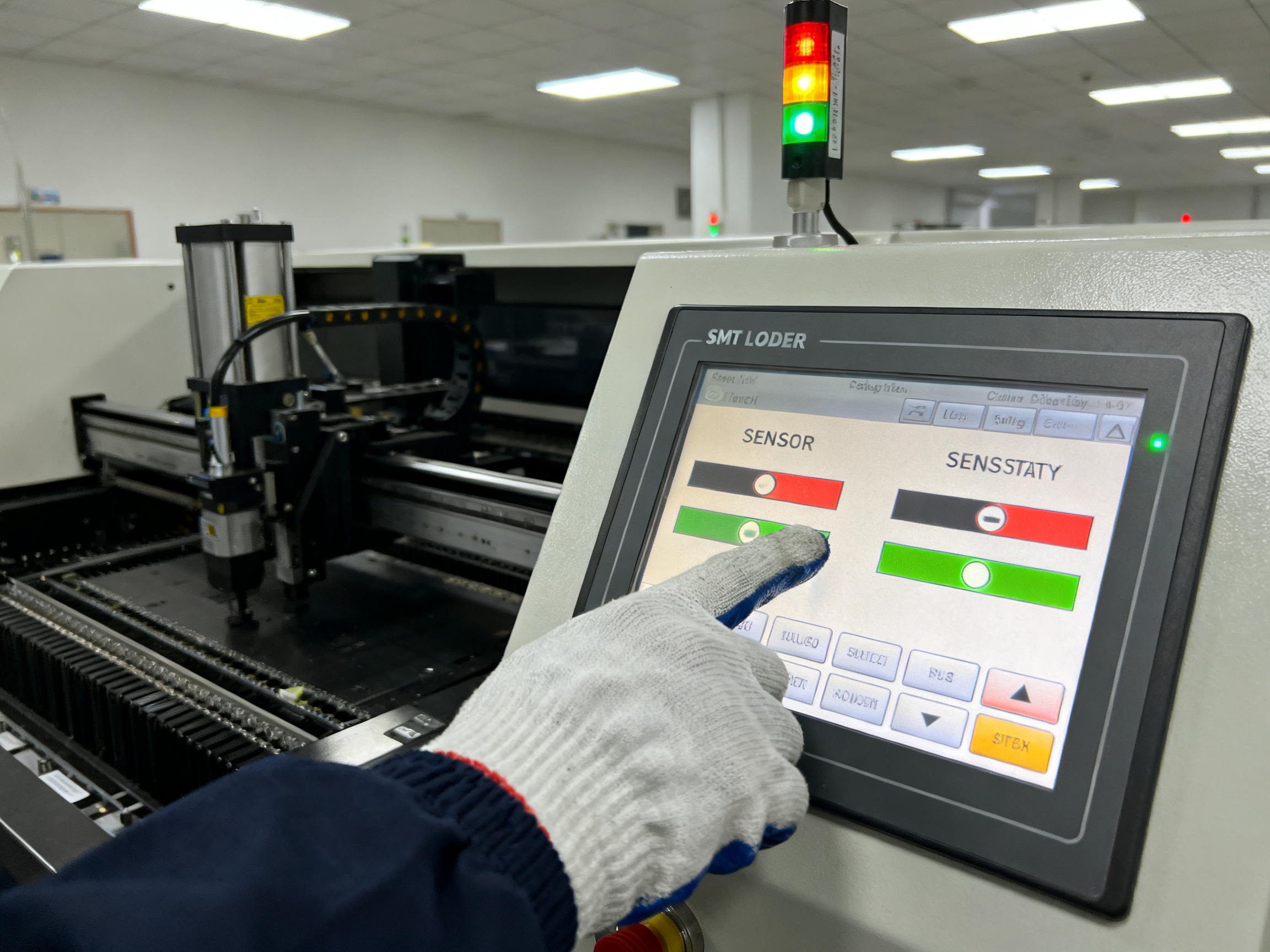 Complete Guide to PCB Loader Troubleshooting: Tips, Common Issues, and Future Trends2 - S&M Co.Ltd Factory floor documentary photo of a technician validating smt loader sensor and.