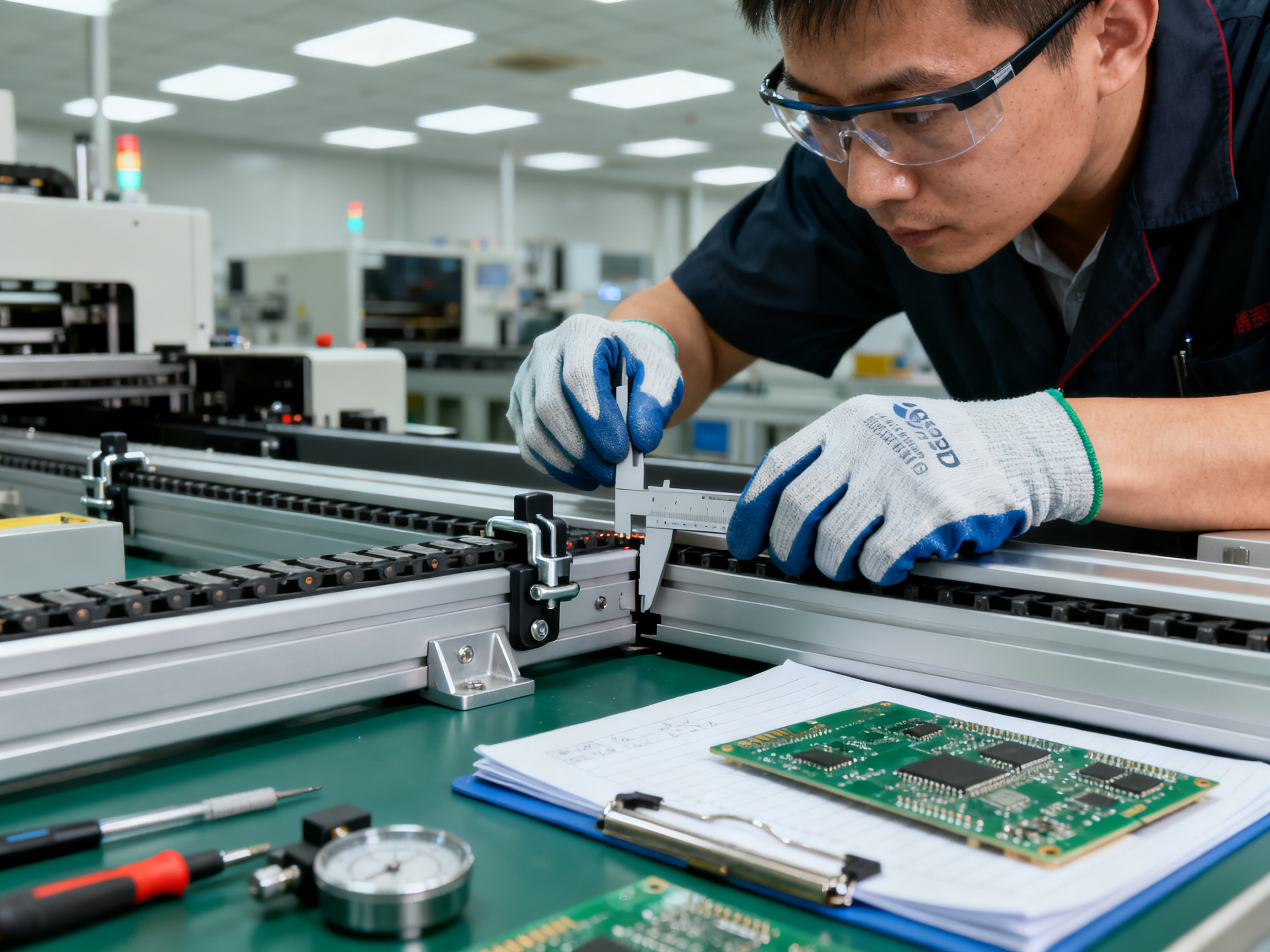 Top SMT Conveyor Belts and Systems of 2026: Reviews, Features, and Where to Buy1 - S&M Co.Ltd Medium close up documentary view of a factory engineer inspecting modular SMT conveyor system.