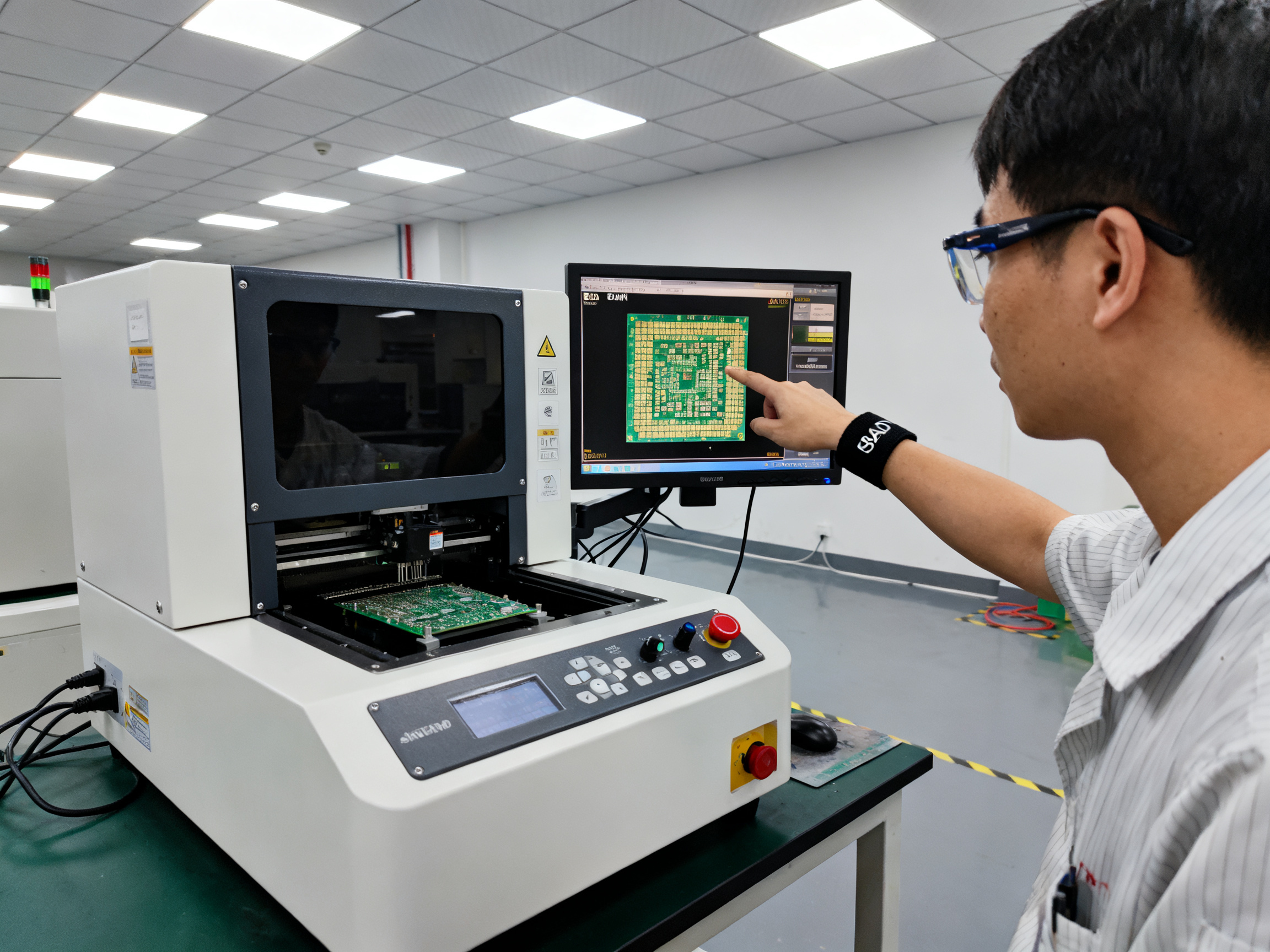 Mastering Reflow Oven Setup: A Comprehensive Guide to Profiles and Soldering Success2 - S&M Co.Ltd Documentary style photograph an SMT operator wearing safety glasses and ESD wrist strap.