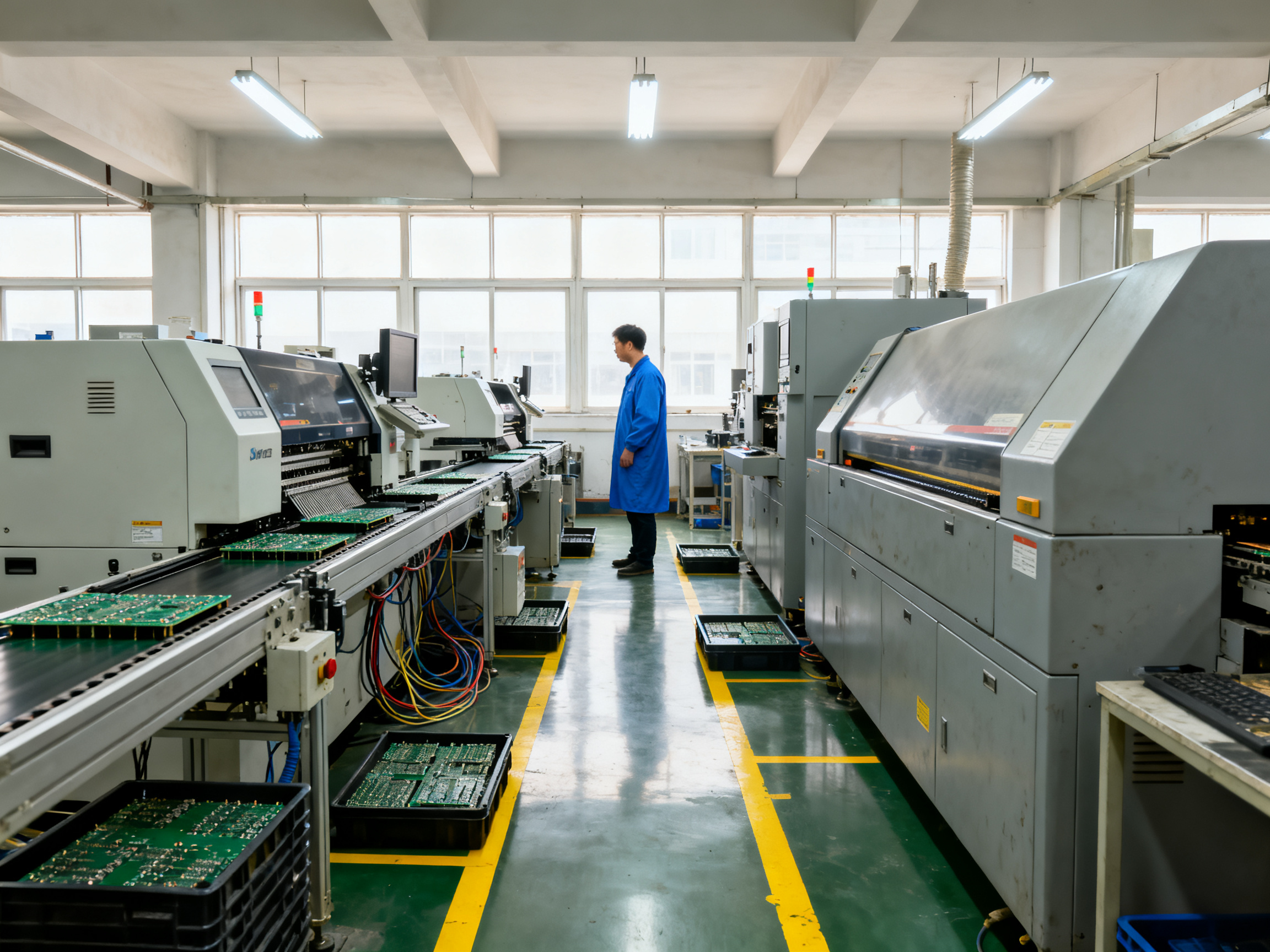 How Line Speed Synchronization Works in SMT Lines: Signals, Timing, Ethernet Control, and Failure Diagnosis - S&M Co.Ltd Smt production line overview straight on documentary view of conveyors connectin.