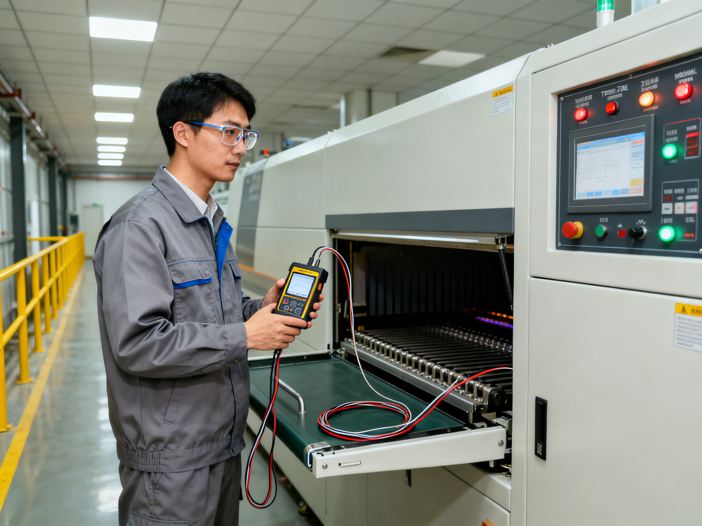 How Line Speed Synchronization Works in SMT Lines: Signals, Timing, Ethernet Control, and Failure Diagnosis3 - S&M Co.Ltd Engineer in safety glasses and gray workwear standing beside reflow oven control.