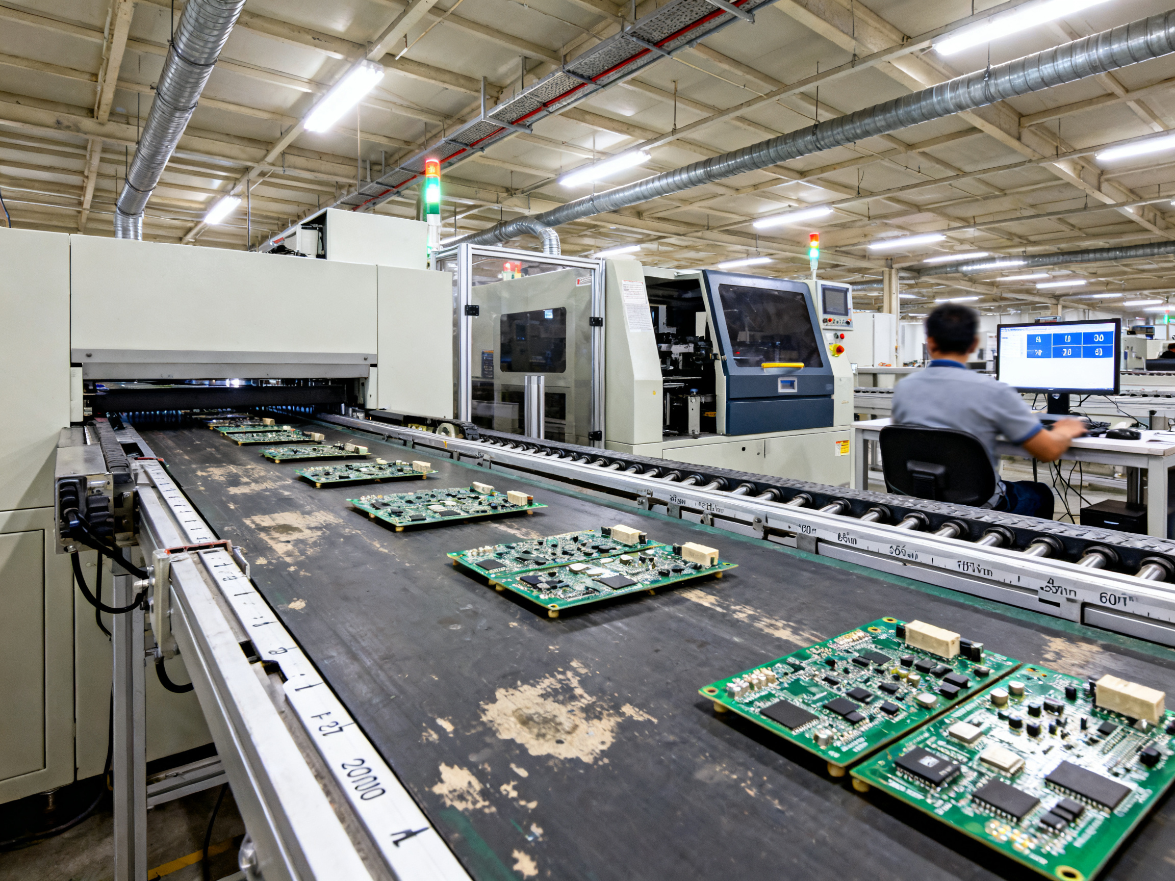 How Line Speed Synchronization Works in SMT Lines: Signals, Timing, Ethernet Control, and Failure Diagnosis1 - S&M Co.Ltd Smt buffer zone between reflow oven exit and aoi inspection station showing accu.