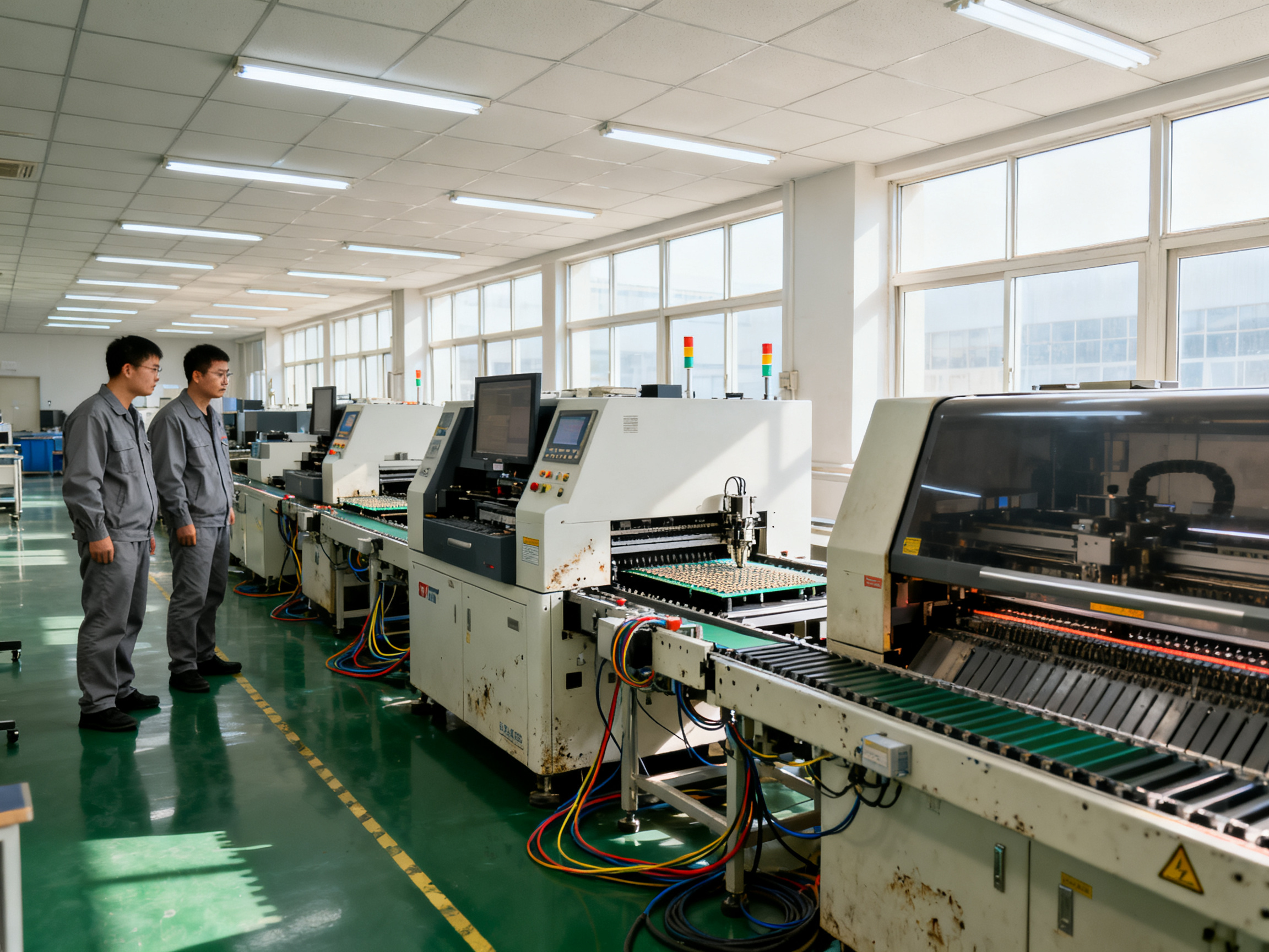 Wide documentary shot of an SMT production line in an electronics factory.
