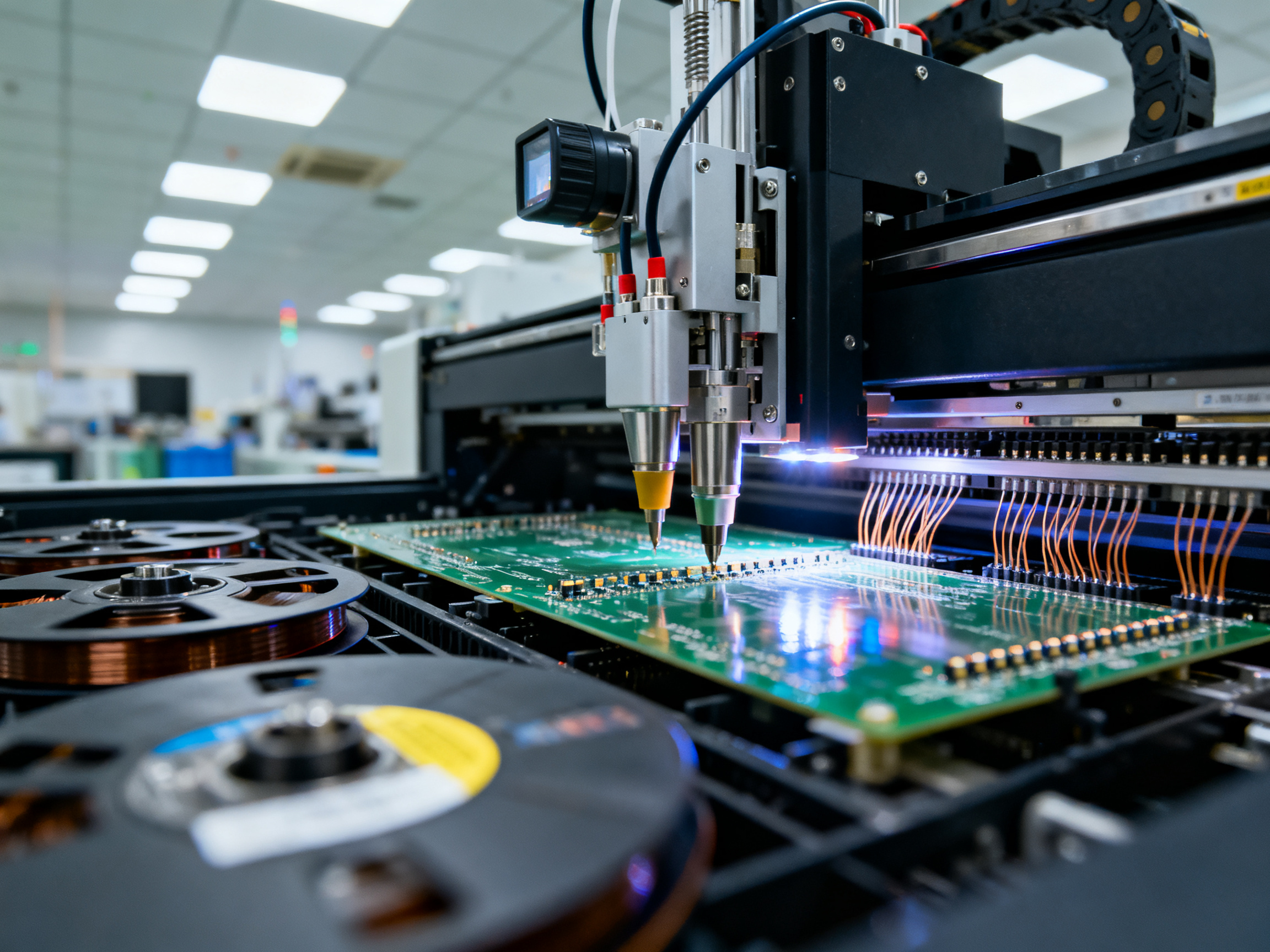 Close documentary view of a pick and place machine head placing components onto a PCB.
