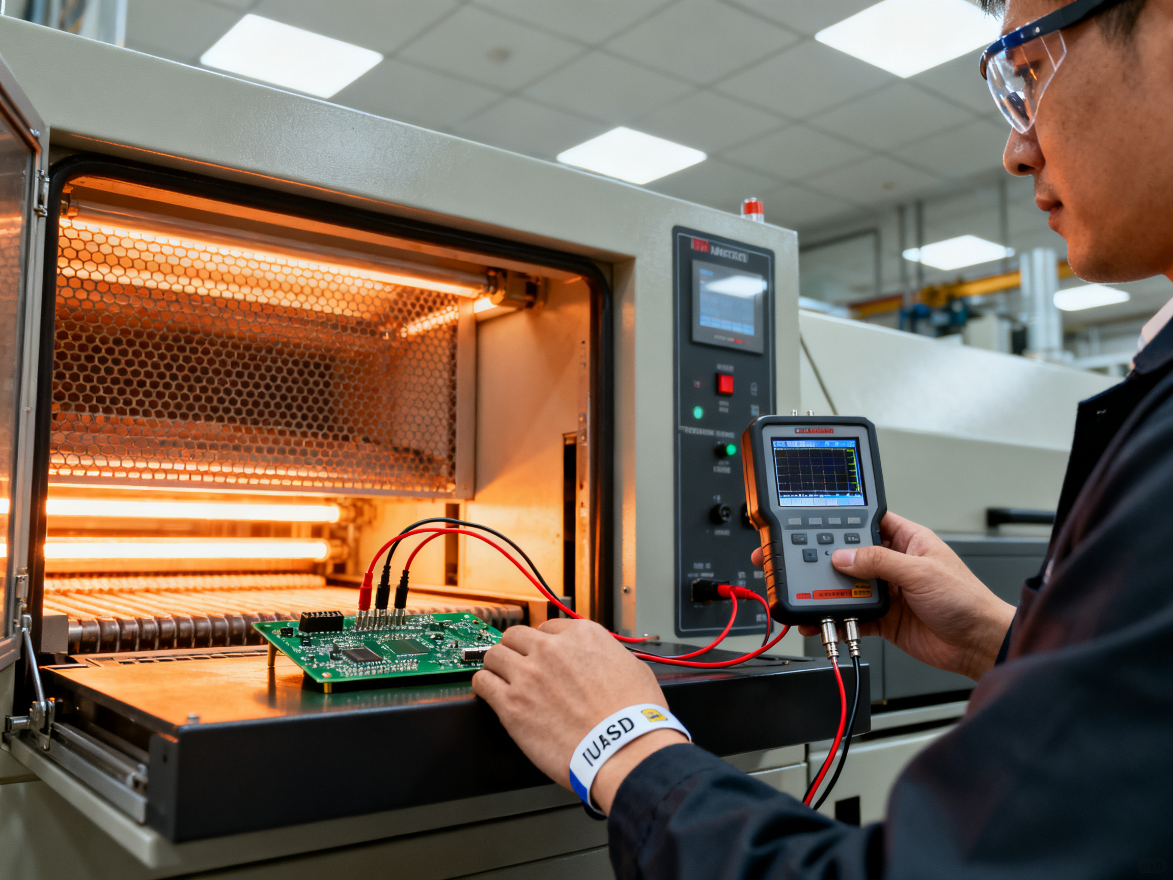 Engineer in safety glasses and standard ESD wristband validates a reflow oven thermal profile.