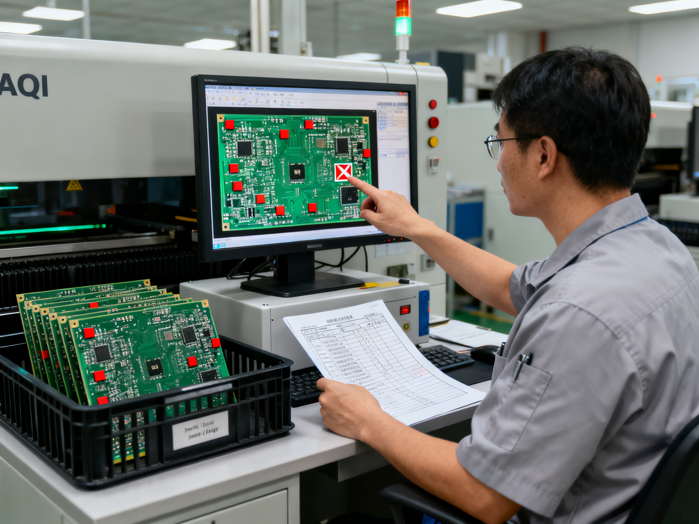 Engineer at a workstation reviews AOI inspection results on a monitor showing PCB defects.