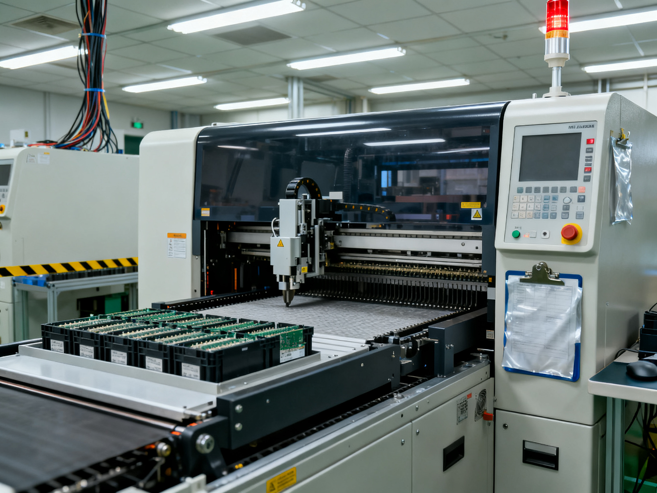 SMT loader machine in electronics factory realistic documentary photography ches.