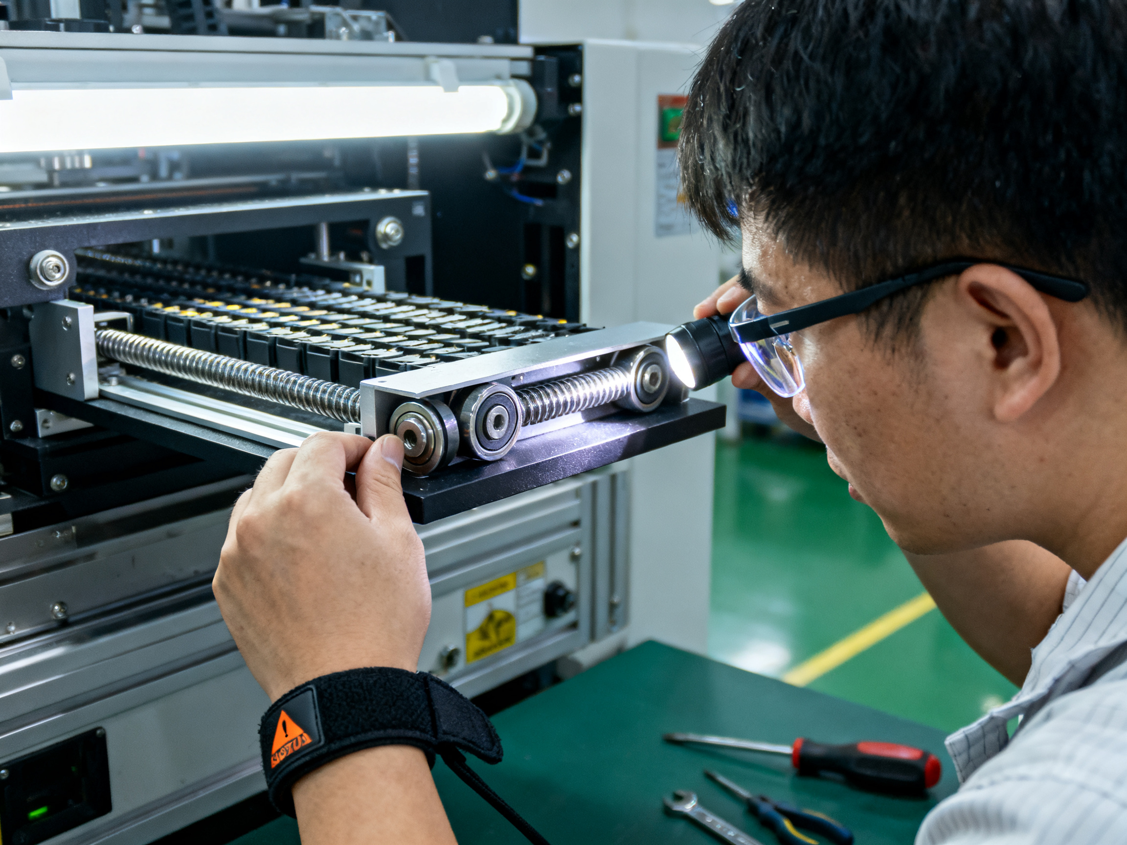 Close up documentary view of SMT loader magazine lift mechanism during inspection.
