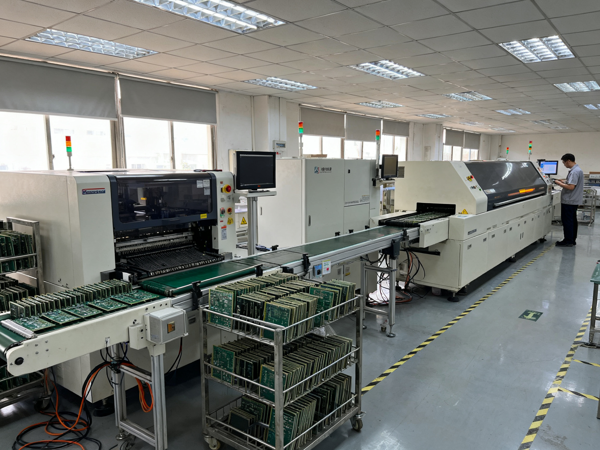 How Loader Unloader Maintenance Works for SMT Lines: Preventive Checklist, Faults, and Service Steps - S&M Co.Ltd Smt production line section showing pcb loader and unloader machines positioned.