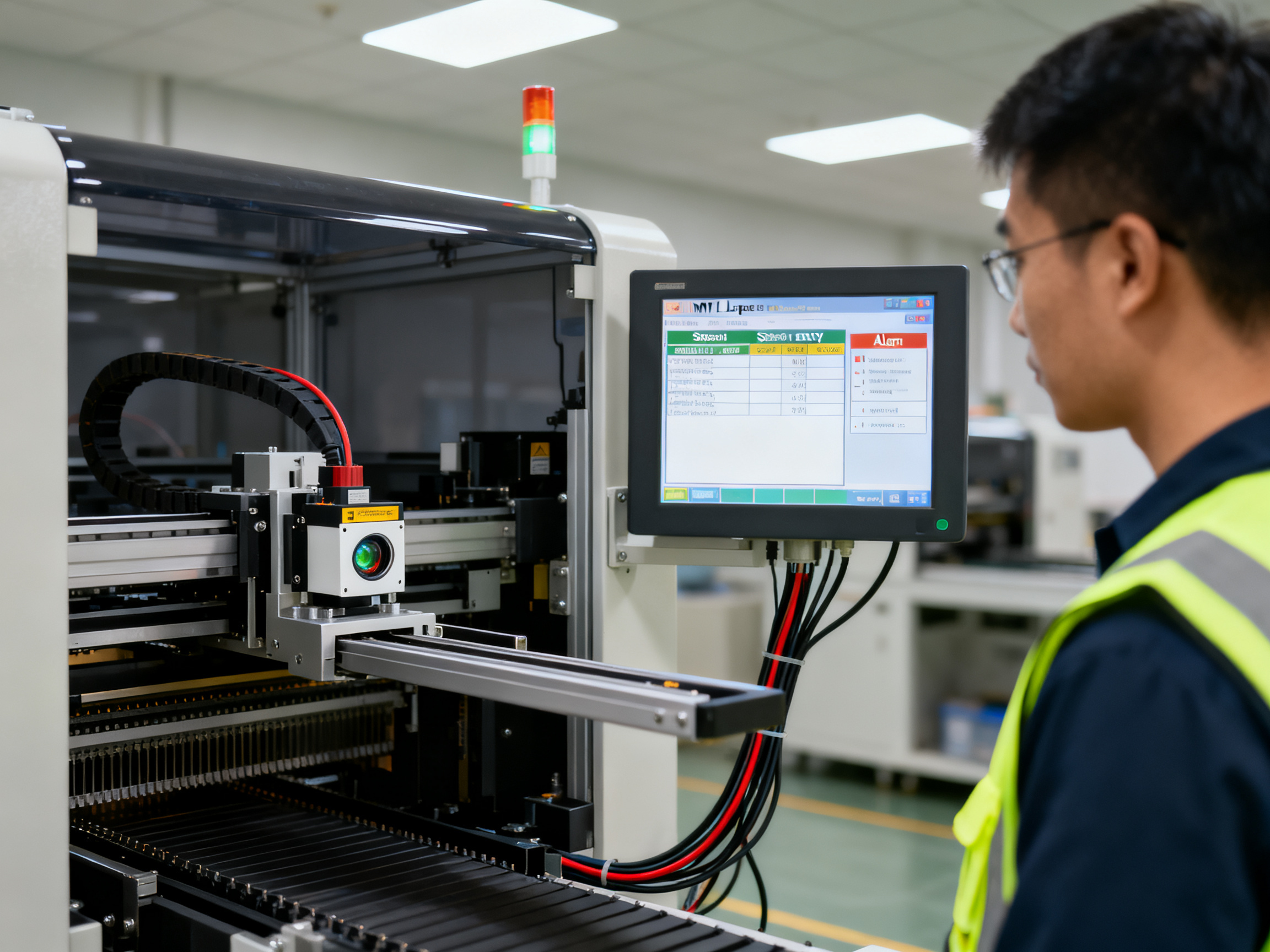 SMT loader maintenance mode diagnostic scene on factory floor HMI touchscreen showing diagnostics.
