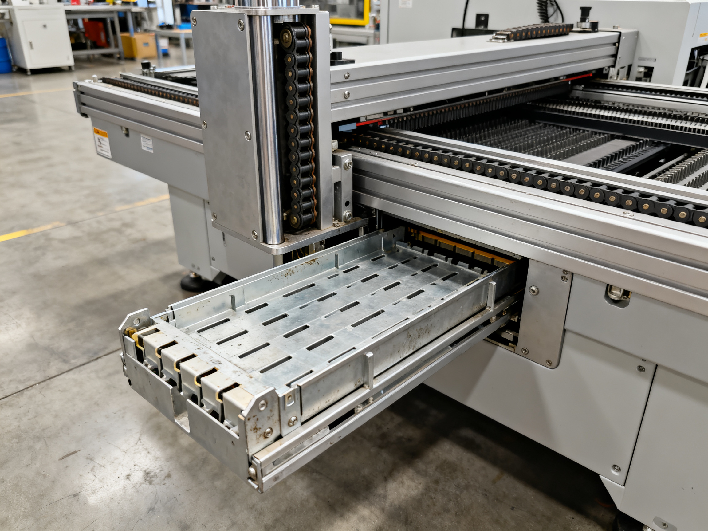 How Loader Unloader Maintenance Works for SMT Lines: Preventive Checklist, Faults, and Service Steps1 - S&M Co.Ltd Close up documentary shot of smt loader magazine elevator mechanism elevator sha.