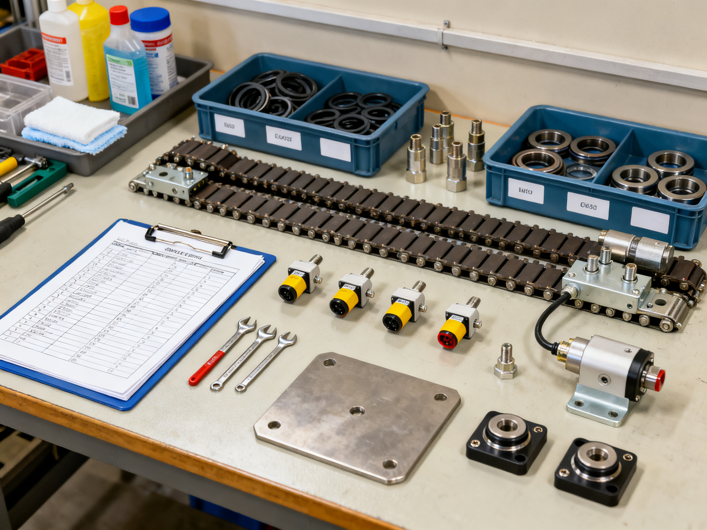 Preventive maintenance preparation scene for SMT loader workbench with spare parts ready for maintenance.
