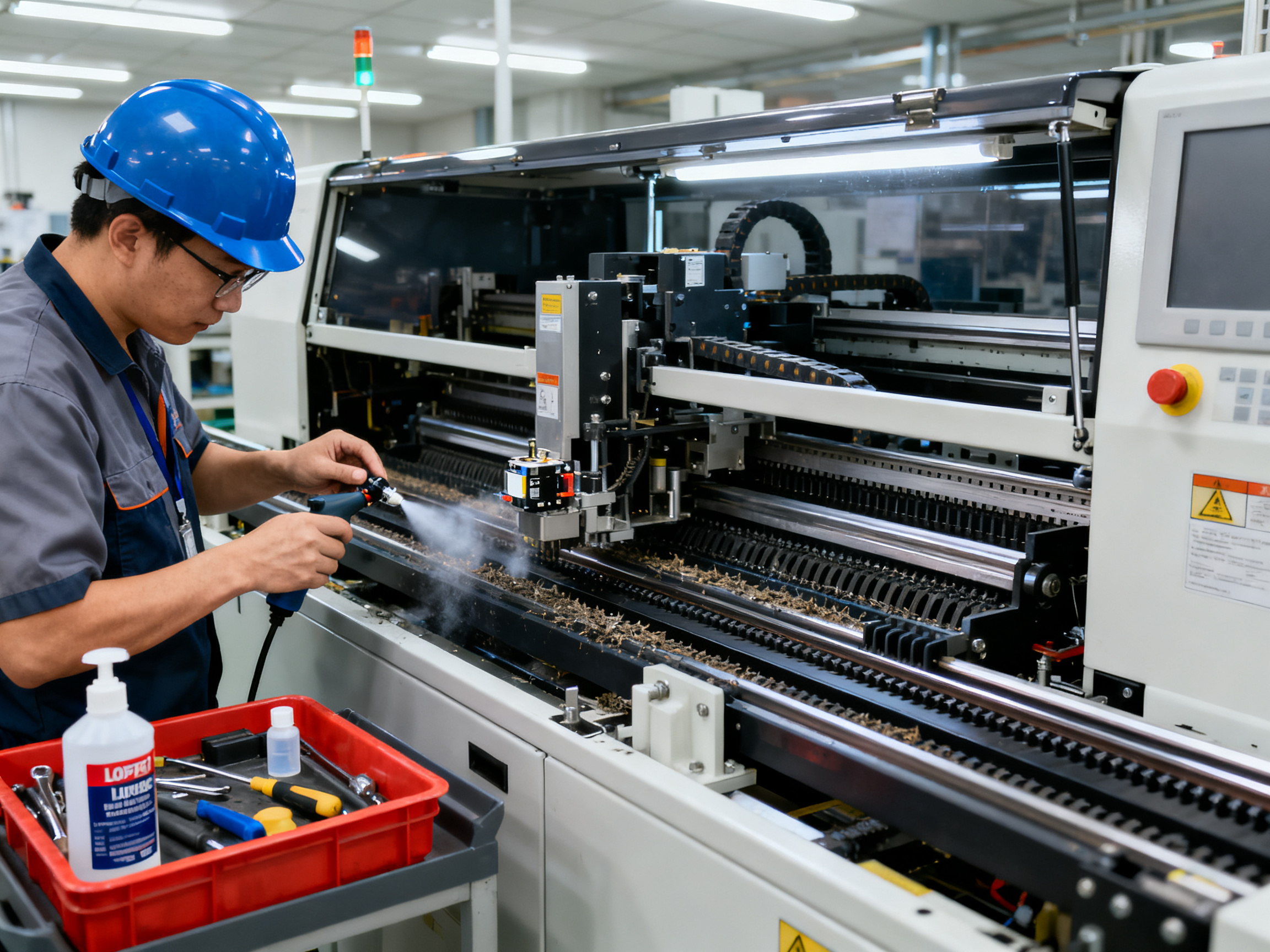 How Loader Unloader Maintenance Works for SMT Lines: Preventive Checklist, Faults, and Service Steps2 - S&M Co.Ltd Maintenance technician performing preventive service on smt loader opening servi.