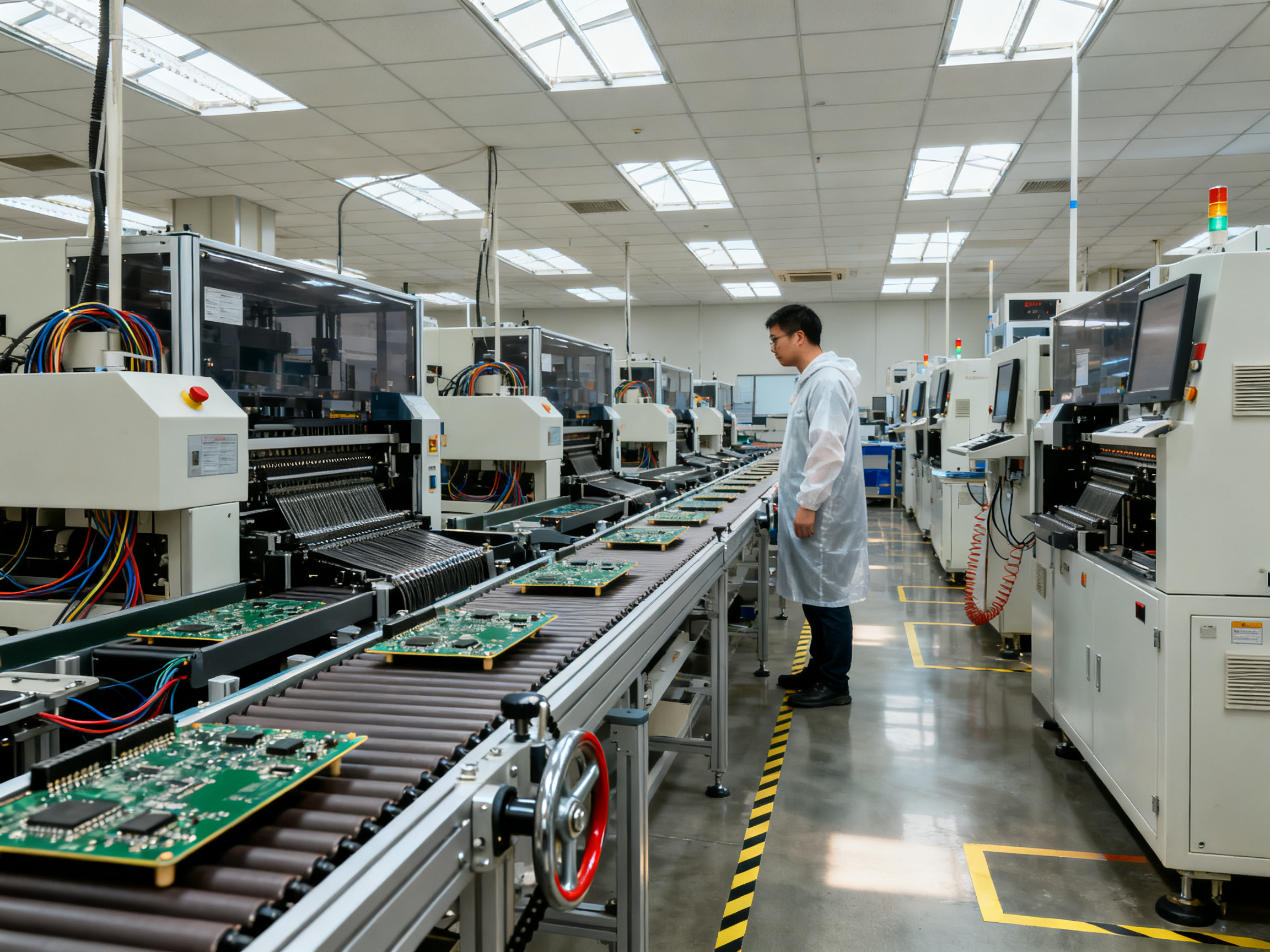 PCB Handling Conveyor Guide: How It Works, Types, and How to Choose for SMT Lines - S&M Co.Ltd Wide angle documentary shot of a practical electronics assembly line with multiple stations.