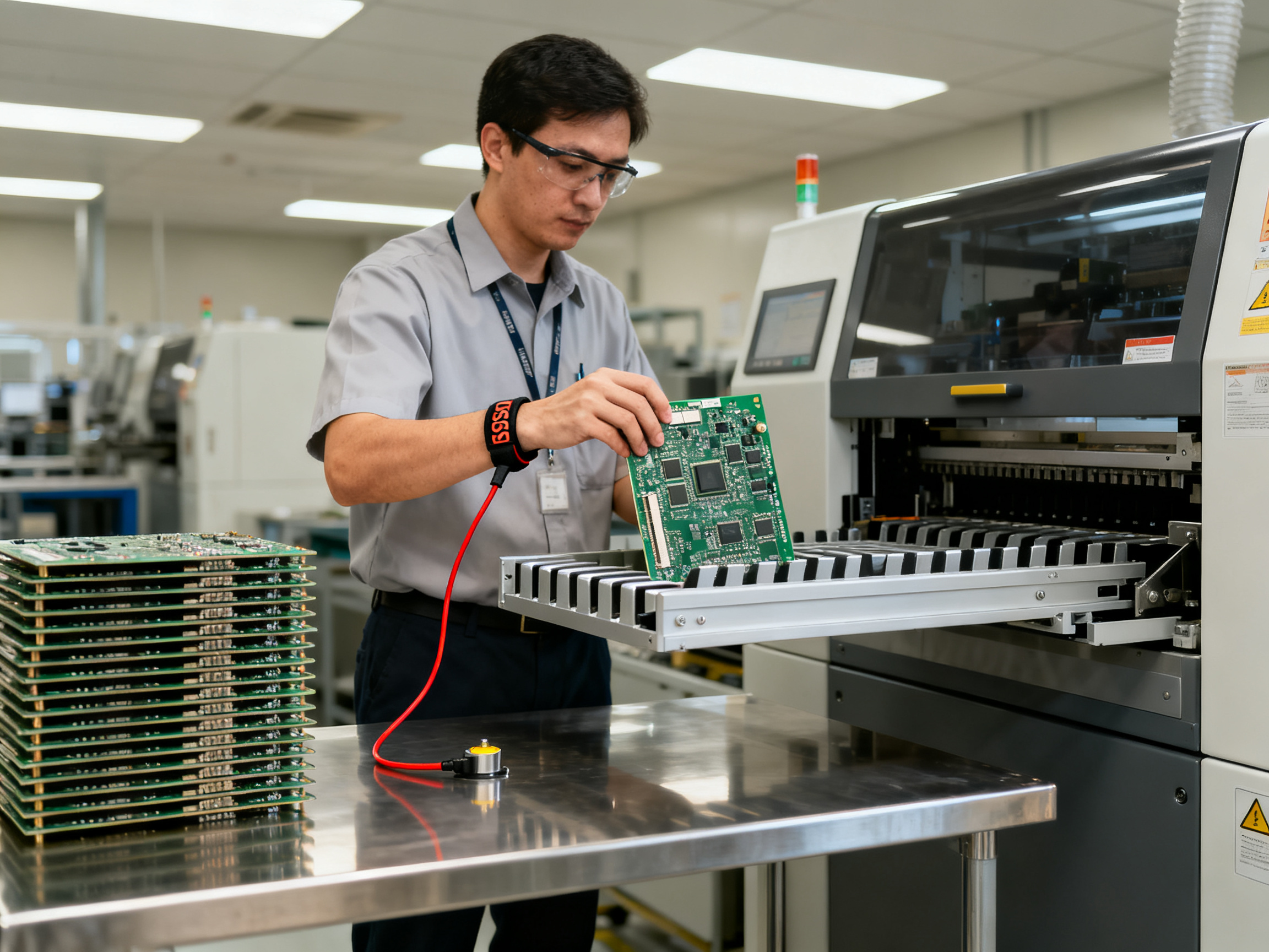 PCB Loader and Unloader Maintenance: Prevent Jams, Misfeeds, and Board Damage in SMT Magazine Handling3 - S&M Co.Ltd A documentary shot at operator chest height of SMT production worker loading a PCB.