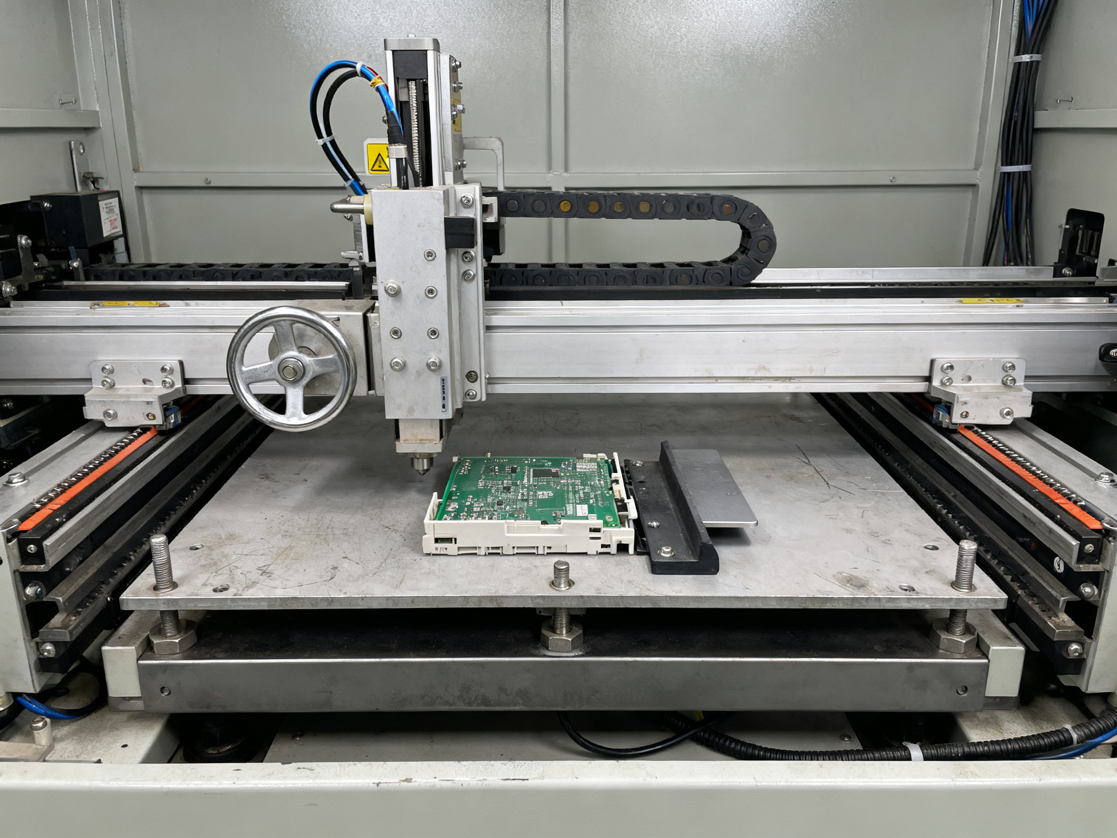 PCB Loader and Unloader Maintenance: Prevent Jams, Misfeeds, and Board Damage in SMT Magazine Handling1 - S&M Co.Ltd A medium documentary shot of an SMT loader conveyor rail system and pusher mechanism.