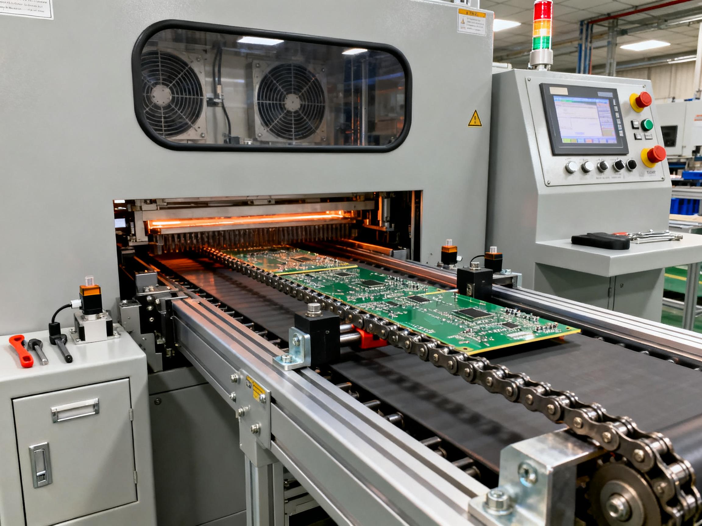 PCB Handling Conveyor Guide: How It Works, Types, and How to Choose for SMT Lines3 - S&M Co.Ltd Documentary scene at a reflow oven interface showing chain based conveyor system.