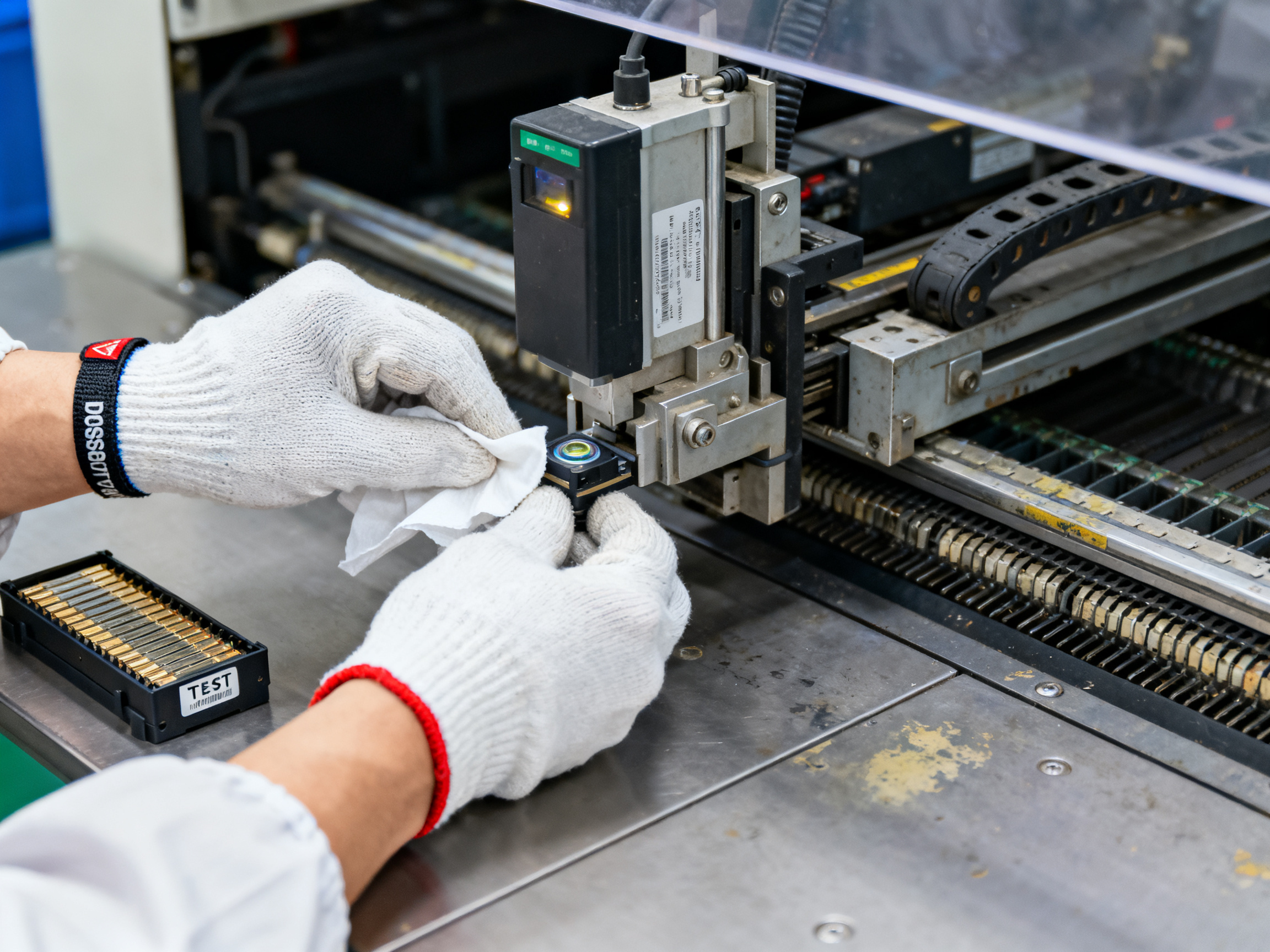 PCB Loader and Unloader Maintenance: Prevent Jams, Misfeeds, and Board Damage in SMT Magazine Handling2 - S&M Co.Ltd A close documentary shot of gloved technician hands performing magazine inspection.