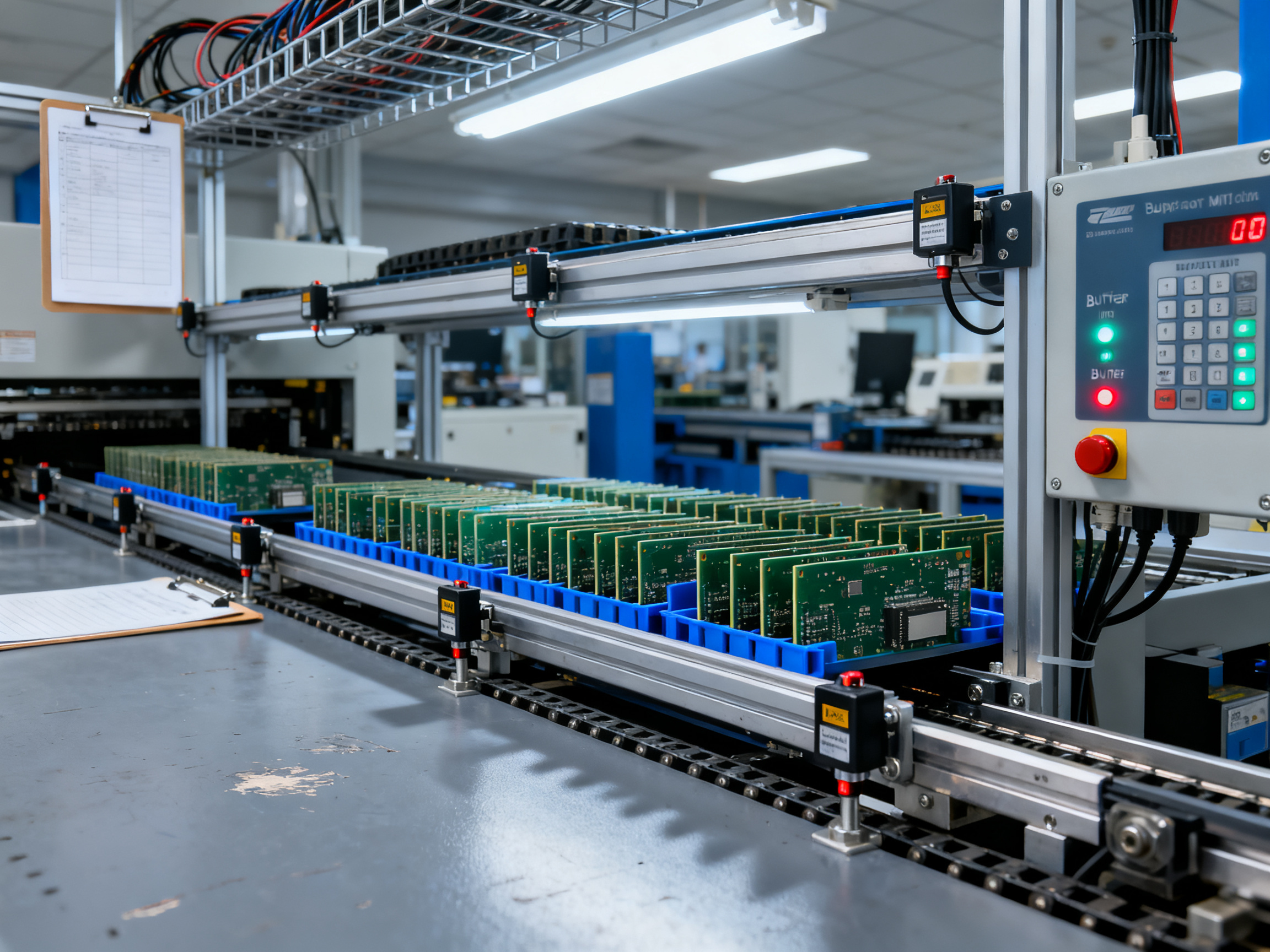 PCB Handling Conveyor Guide: How It Works, Types, and How to Choose for SMT Lines2 - S&M Co.Ltd Practical factory documentation shot of buffer conveyor zone in an SMT material handling system.