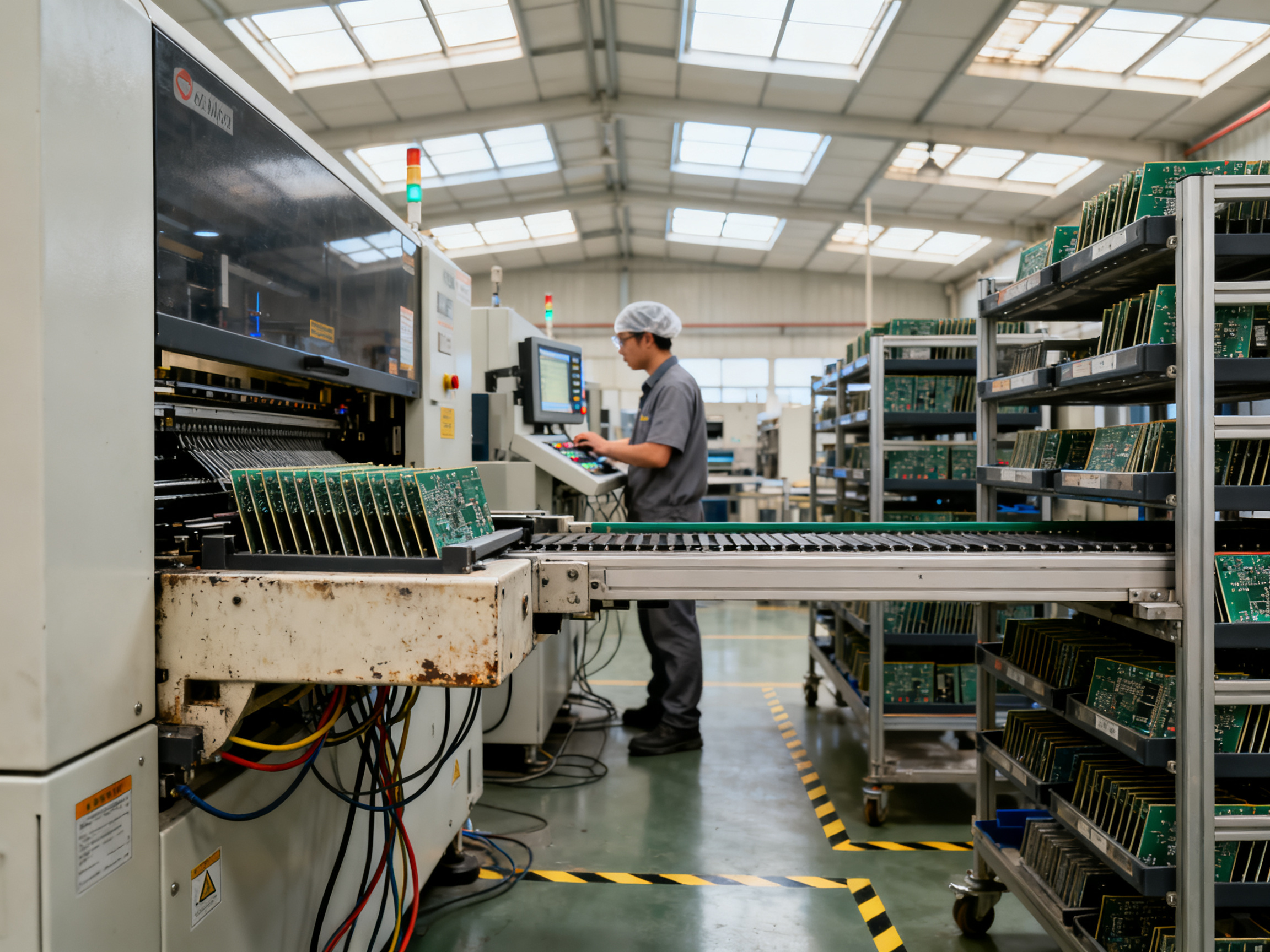 PCB Loader and Unloader Maintenance: Prevent Jams, Misfeeds, and Board Damage in SMT Magazine Handling - S&M Co.Ltd A wide documentary shot of an SMT production line entry section showing a magazine.