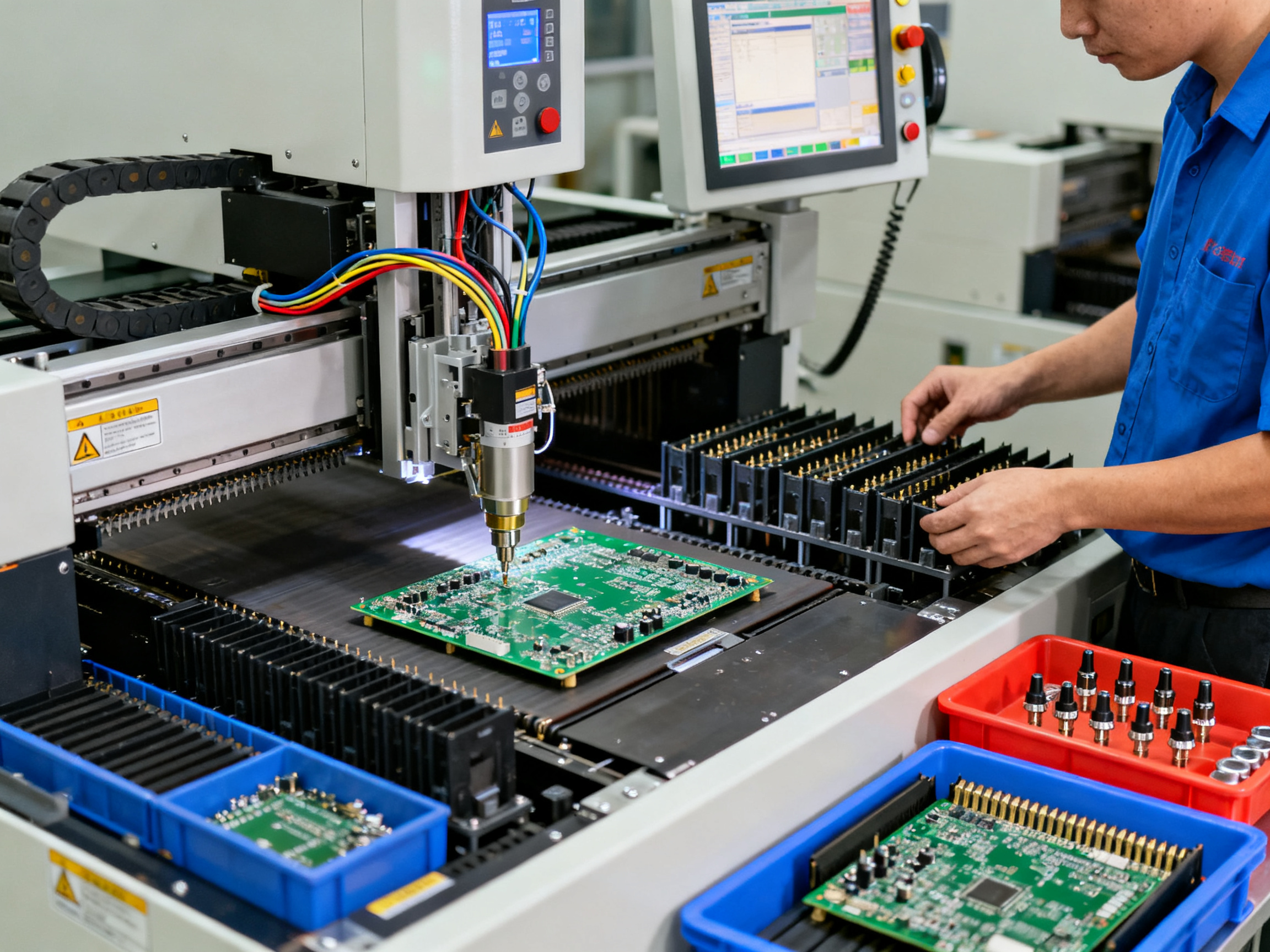 SMT Line Speed Matching: How to Calculate, Balance, and Improve Throughput Across Your SMT Line2 - S&M Co.Ltd A pick-and-place machine in operation.