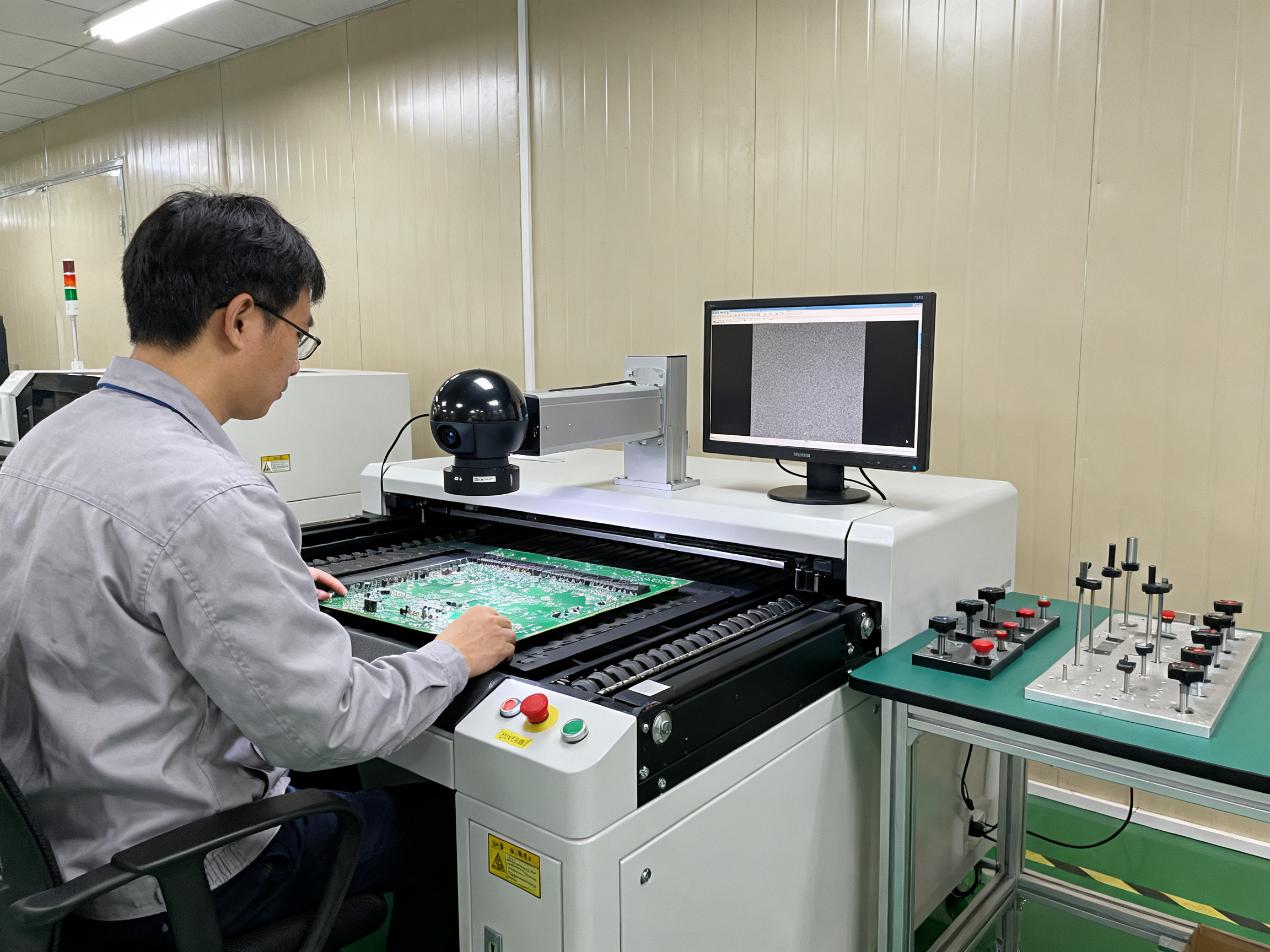 SMT Assembly Machines Explained: How They Work, Key Types, and How to Choose the Right SMT Line2 - S&M Co.Ltd Quality engineer at an aoi inspection station reviewing a pcb on a conveyorized system.