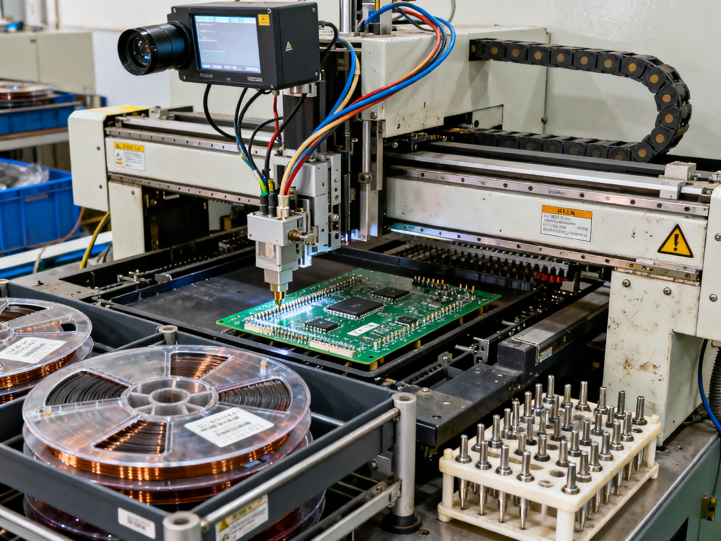 SMT Assembly Machines Explained: How They Work, Key Types, and How to Choose the Right SMT Line1 - S&M Co.Ltd Close documentary view of a pick and place machine head placing a surface mount component.