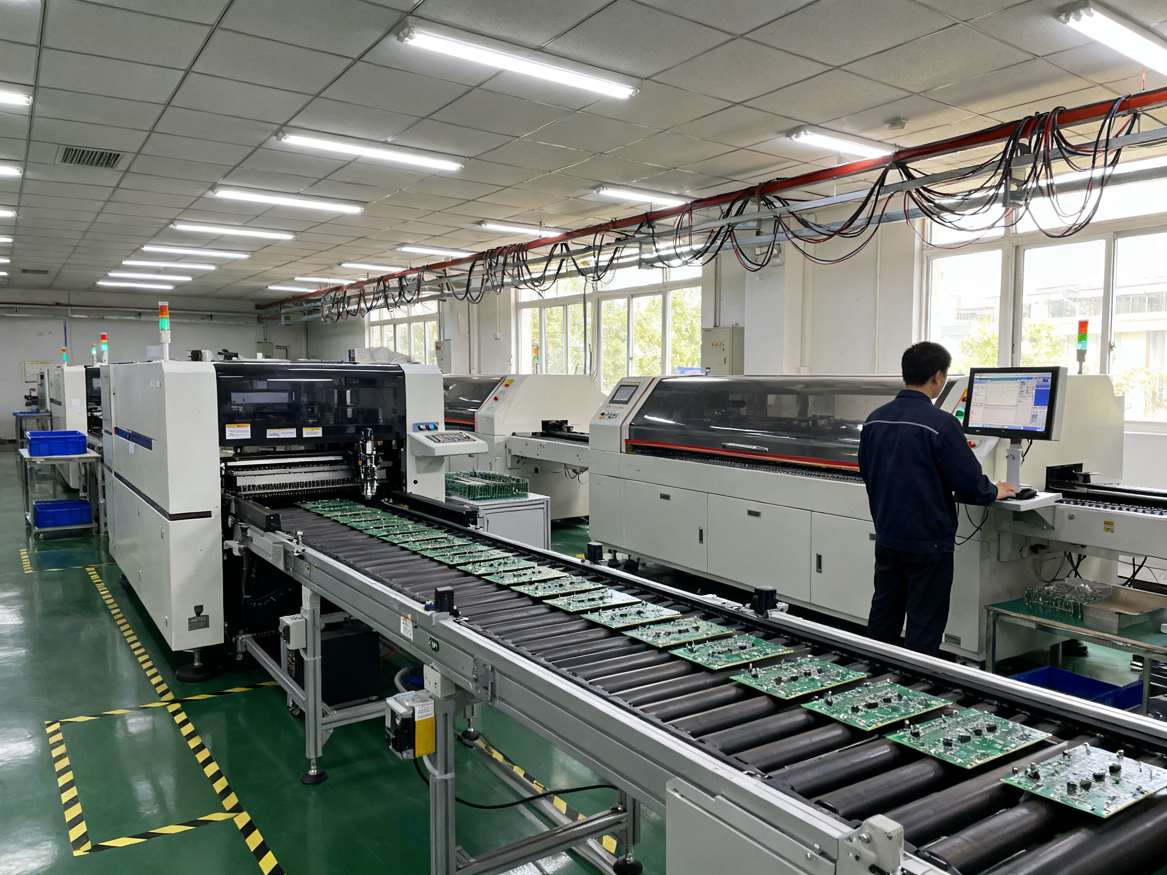 SMT Assembly Machines Explained: How They Work, Key Types, and How to Choose the Right SMT Line - S&M Co.Ltd Wide documentary shot of an smt production line in an electronics factory.