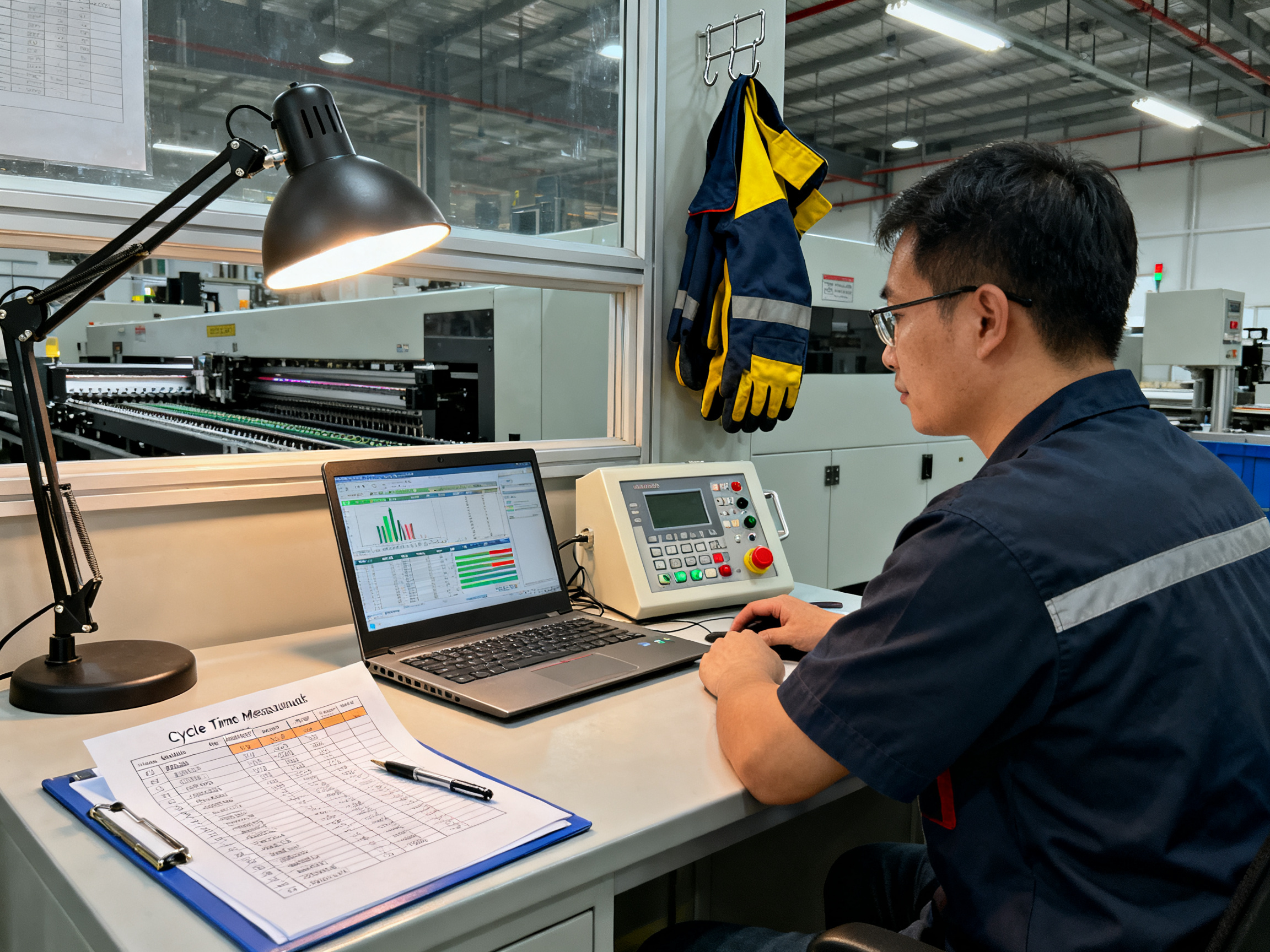 Best SMT Line Speed Matching Software for High-Mix Production2 - S&M Co.Ltd Factory workstation scene showing an engineer reviewing production performance data.