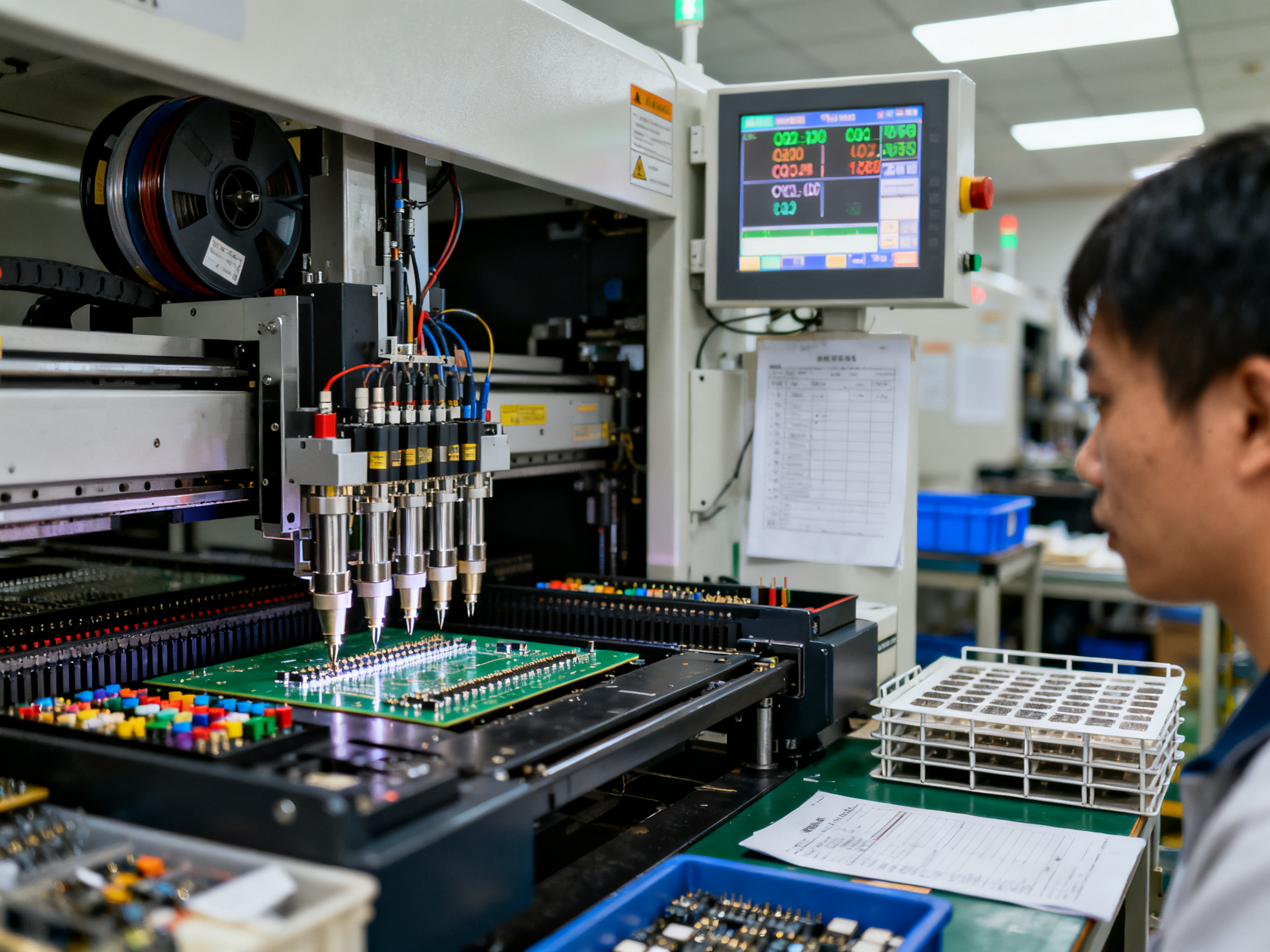 Best SMT Line Speed Matching Software for High-Mix Production1 - S&M Co.Ltd Chest height close up documentary shot of a pick and place machine head placing components.