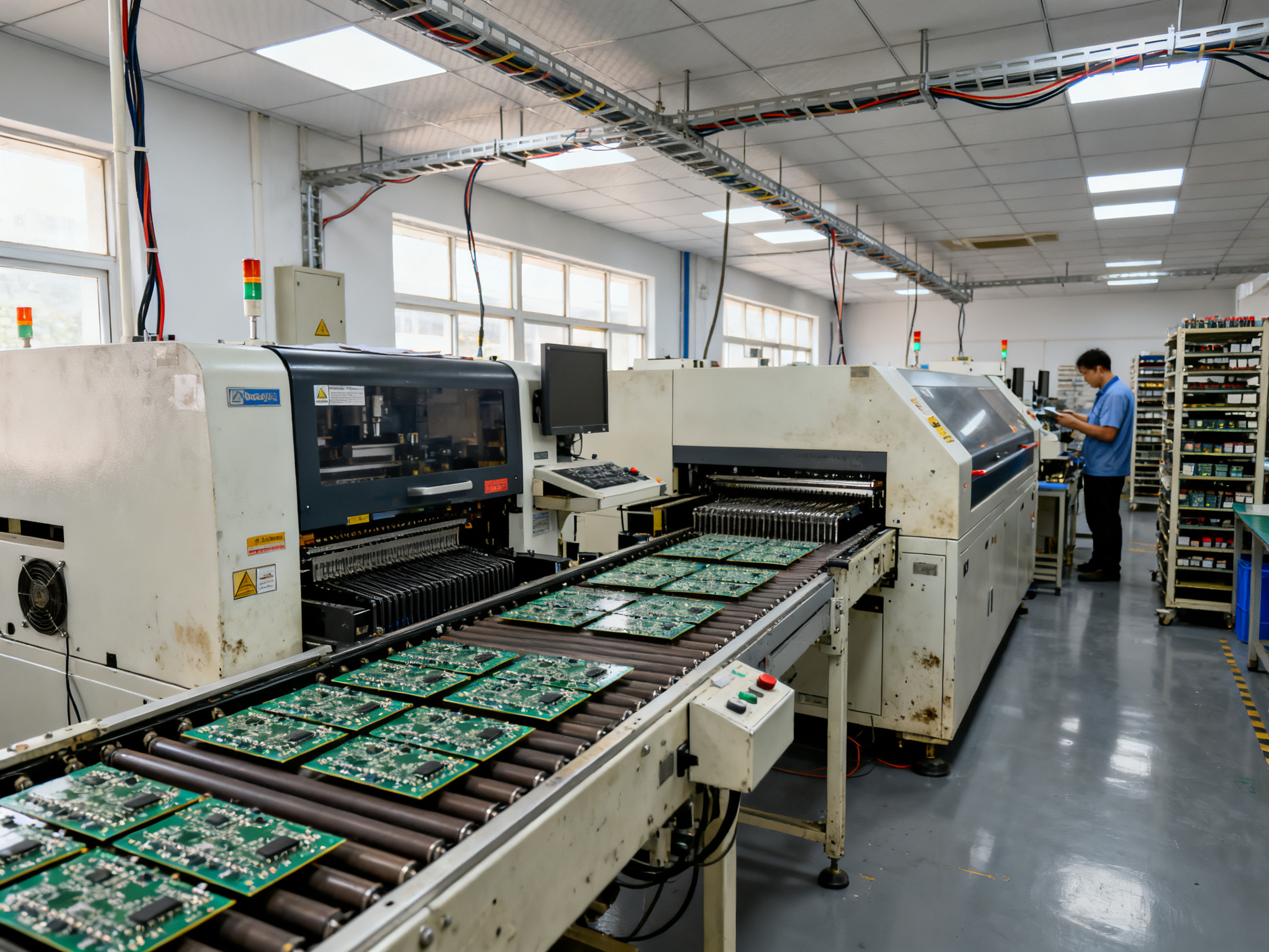 Best SMT Line Speed Matching Software for High-Mix Production - S&M Co.Ltd Eye level documentary view of an SMT production line in an electronics factory.