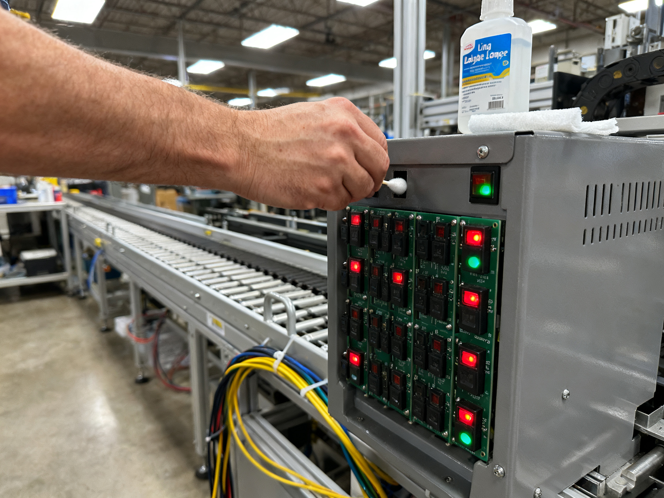 Top PCB Loader Troubleshooting Tools, Tips, and Guides for 20262 - S&M Co.Ltd Electronics maintenance technician cleaning photoelectric sensors on a PCB magazine loader.