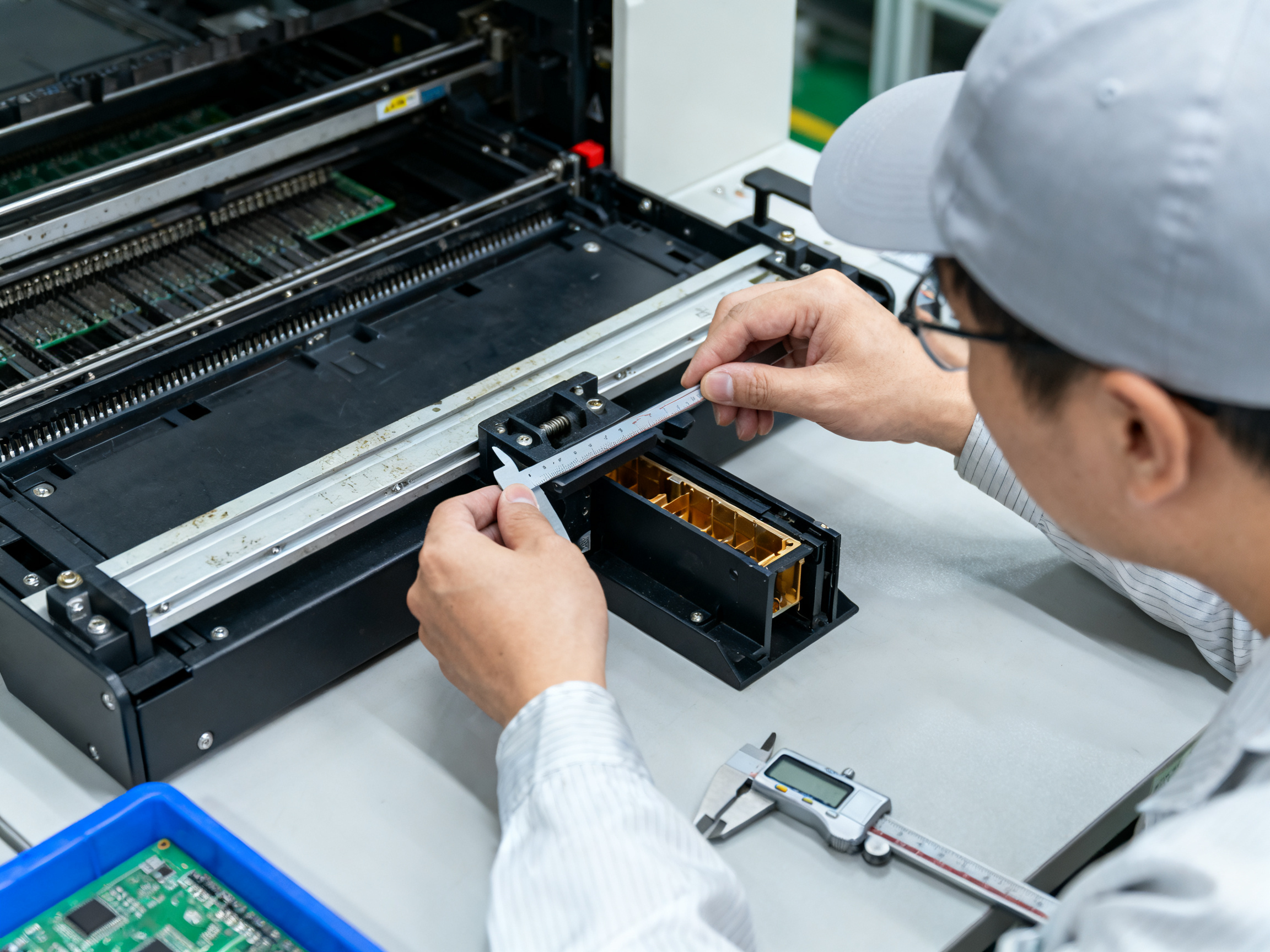 Top PCB Loader Troubleshooting Tools, Tips, and Guides for 20263 - S&M Co.Ltd SMT technician performing preventive maintenance inspection on a PCB loader checking alignment.
