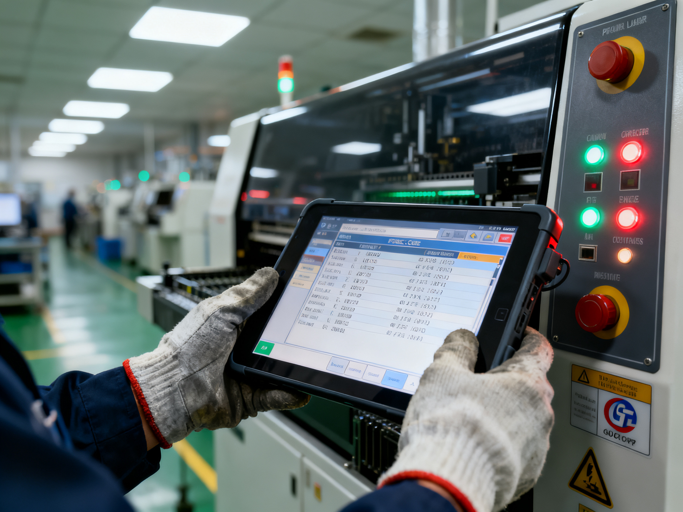 Top PCB Loader Troubleshooting Tools, Tips, and Guides for 20261 - S&M Co.Ltd Close up documentary shot of SMT technician using a handheld tablet to monitor PCB loader diagnostics.