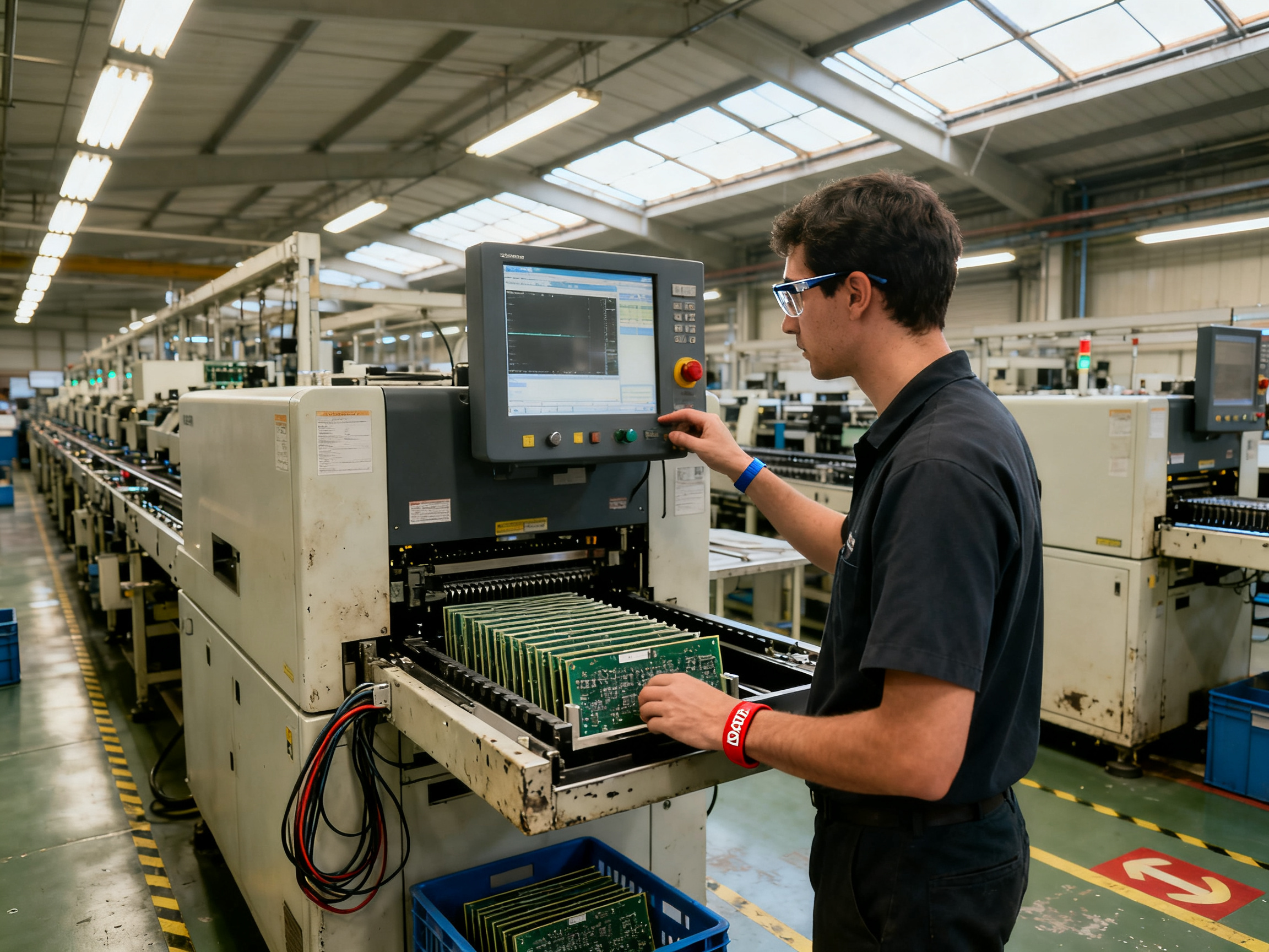 Top PCB Loader Troubleshooting Tools, Tips, and Guides for 2026 - S&M Co.Ltd SMT factory floor mid volume production line with a PCB magazine loader in operation.