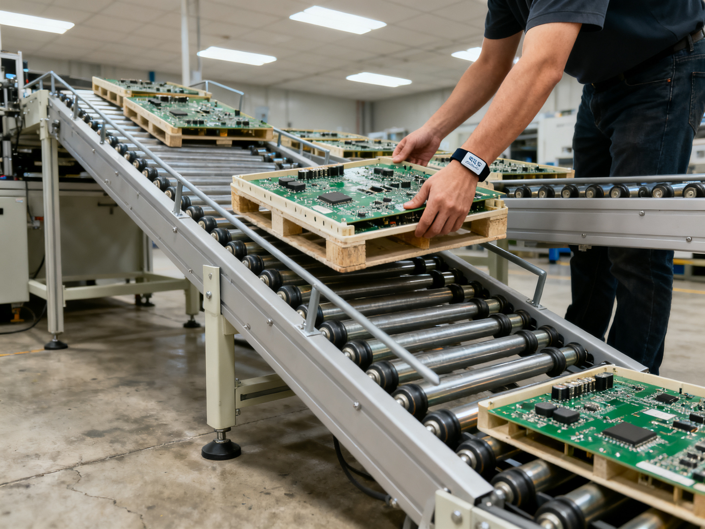 The Complete Guide to Roller Conveyor Systems: Applications, PCB Handling, and Innovations in 2026 - S&M Co.Ltd Operator loading a PCB pallet onto a gravity roller conveyor section in an electronics manufacturing setting.