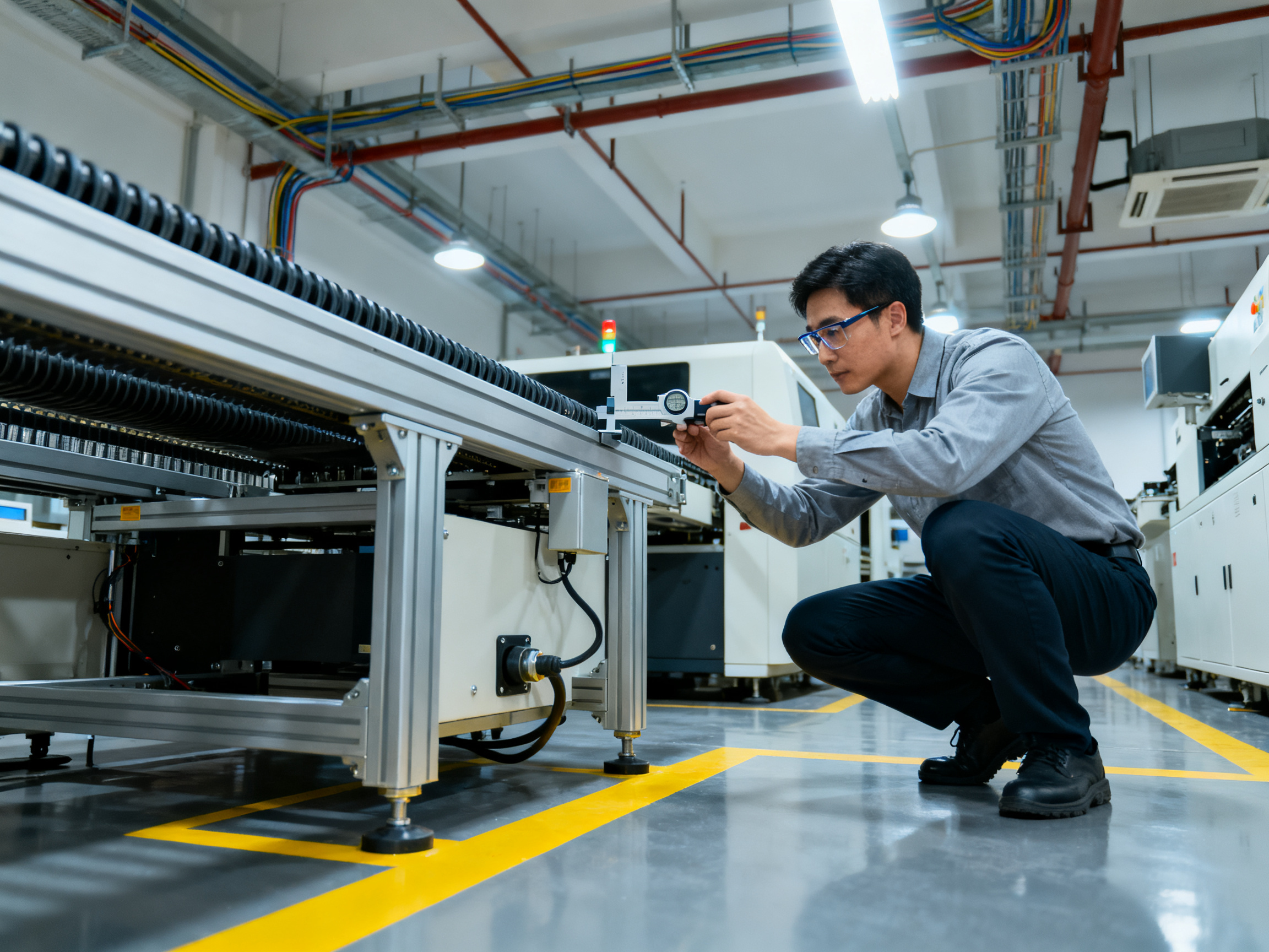 The Complete Guide to Roller Conveyor Systems: Applications, PCB Handling, and Innovations in 20263 - S&M Co.Ltd Engineer in safety glasses and normal work attire validating transfer height between two conveyor sections.