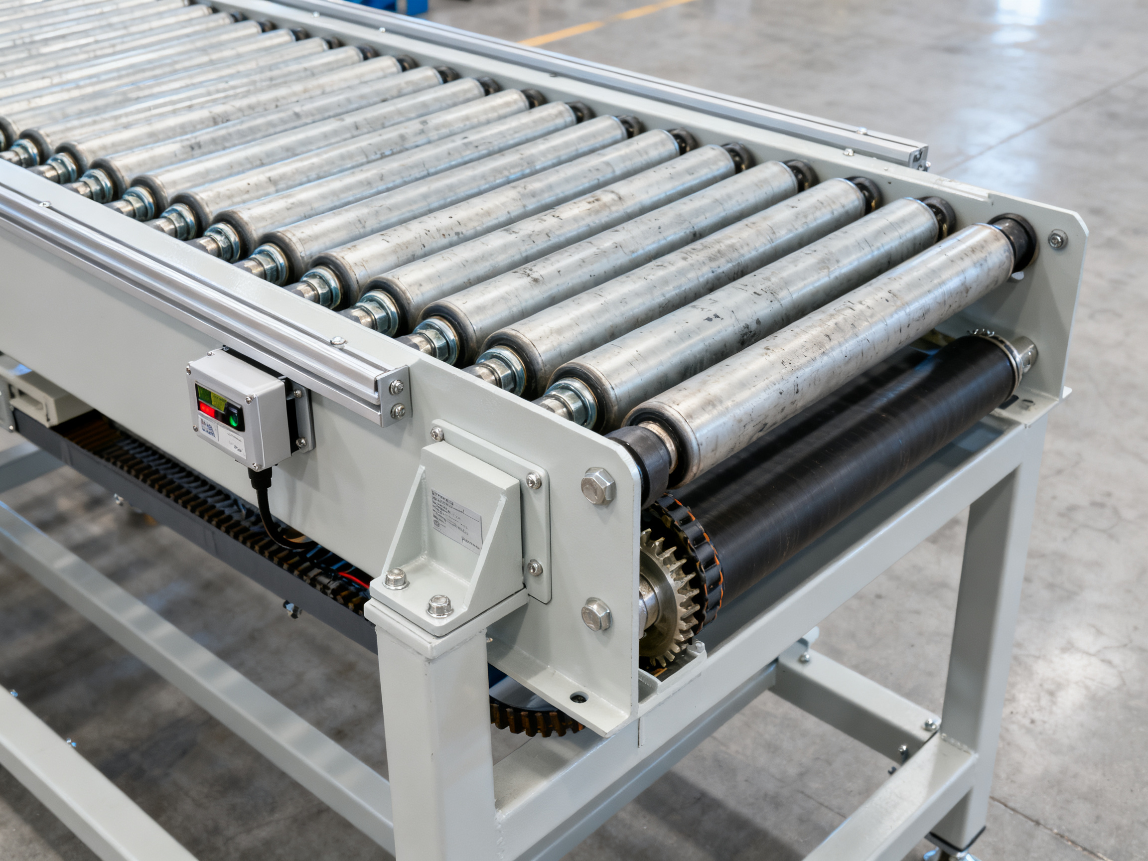 The Complete Guide to Roller Conveyor Systems: Applications, PCB Handling, and Innovations in 20261 - S&M Co.Ltd Close-up documentary view of a powered live roller conveyor section showing cylindrical rollers in motion.