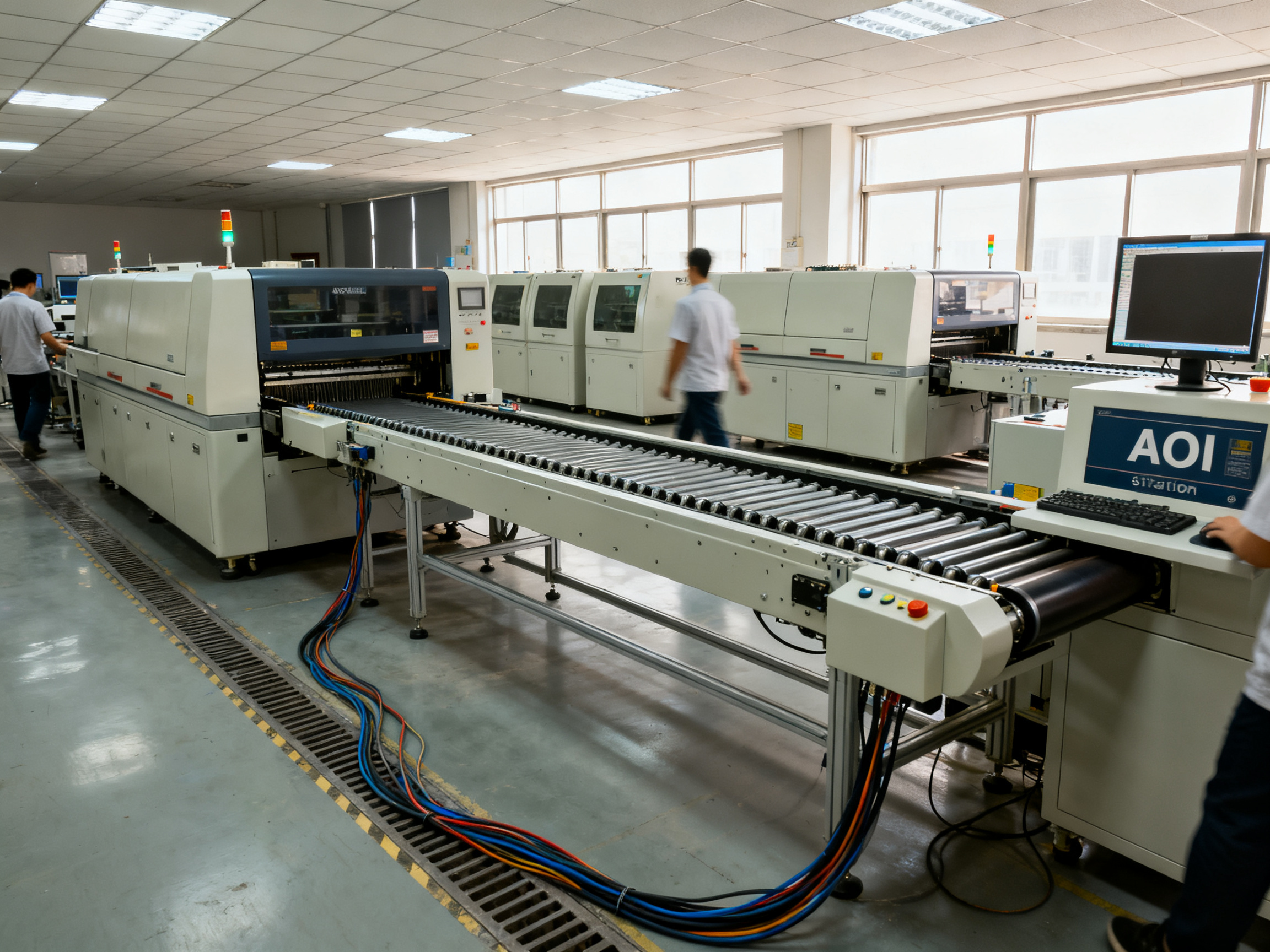 The Complete Guide to Roller Conveyor Systems: Applications, PCB Handling, and Innovations in 20262 - S&M Co.Ltd Wide documentary shot of an SMT production line section with roller conveyors connected to multiple machines.